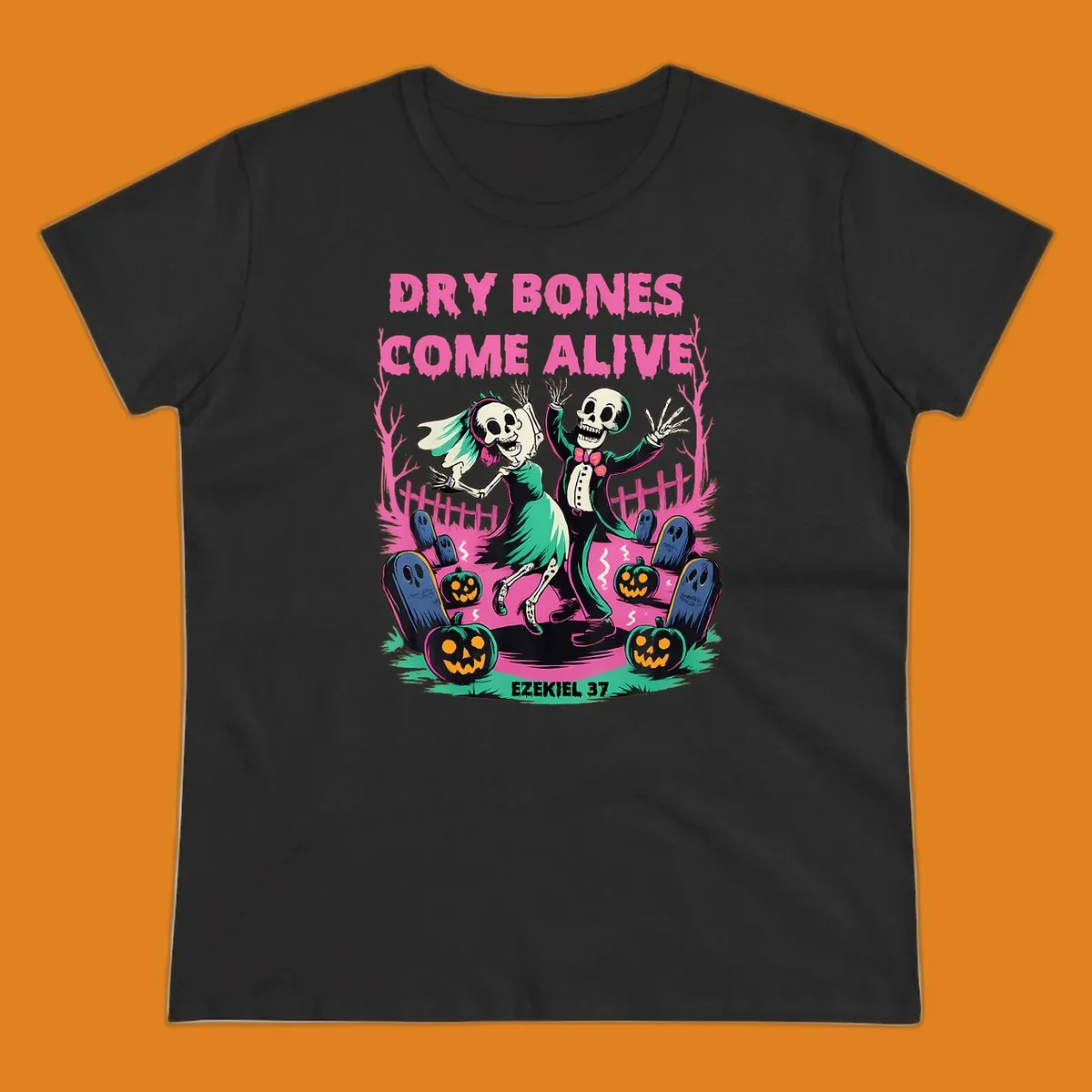 Dry bones come alive Halloween skeletons dancing wedding pumpkins gravestones Ezekiel 37