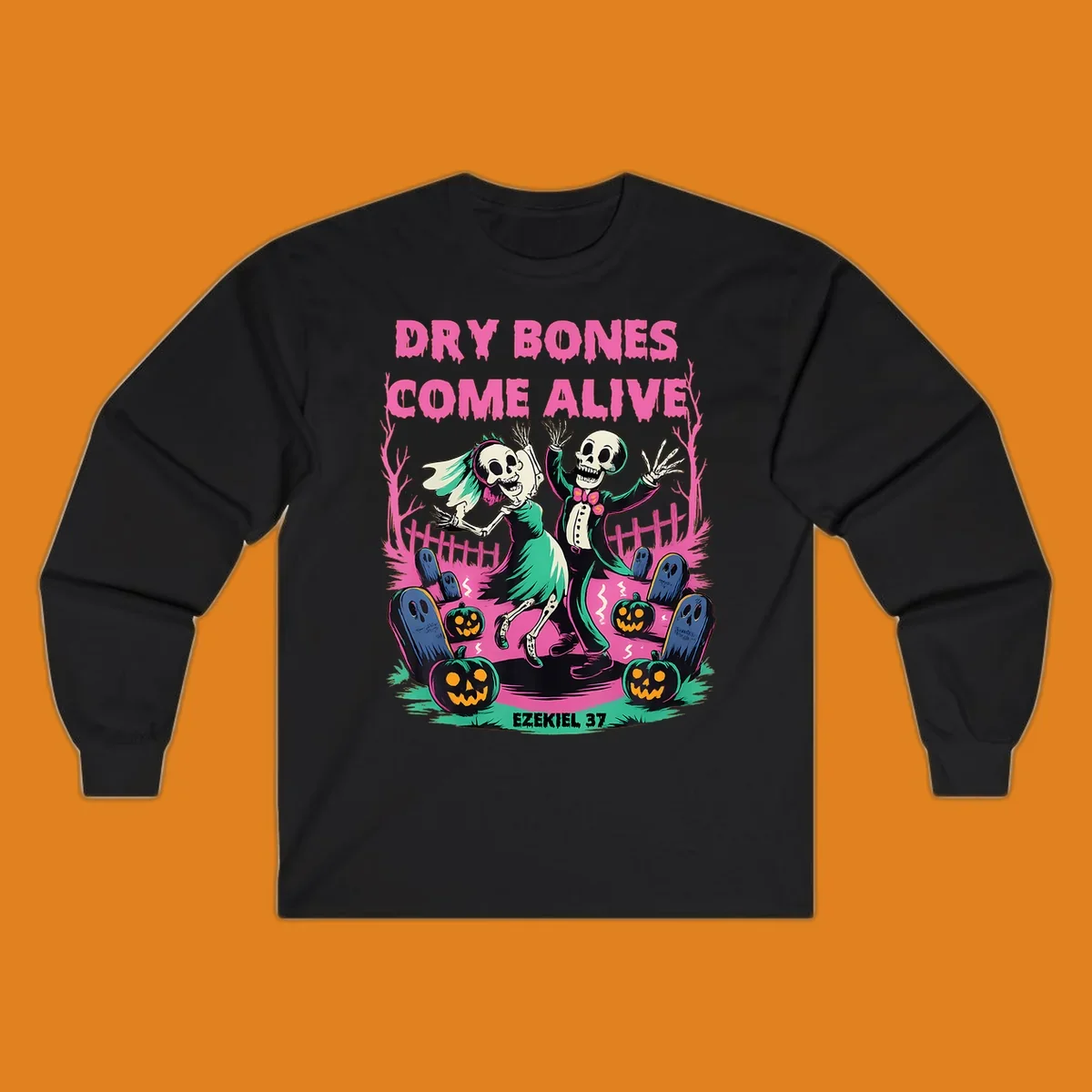 Dry bones come alive Halloween skeletons dancing wedding pumpkins gravestones Ezekiel 37