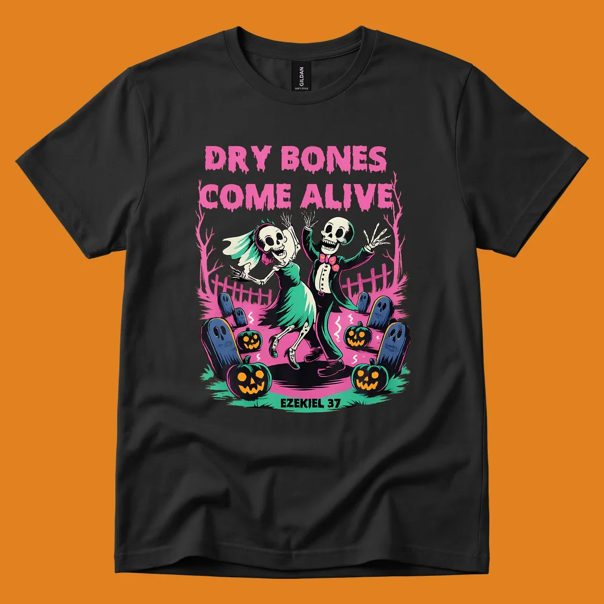Dry bones come alive Halloween skeletons dancing wedding pumpkins gravestones Ezekiel 37