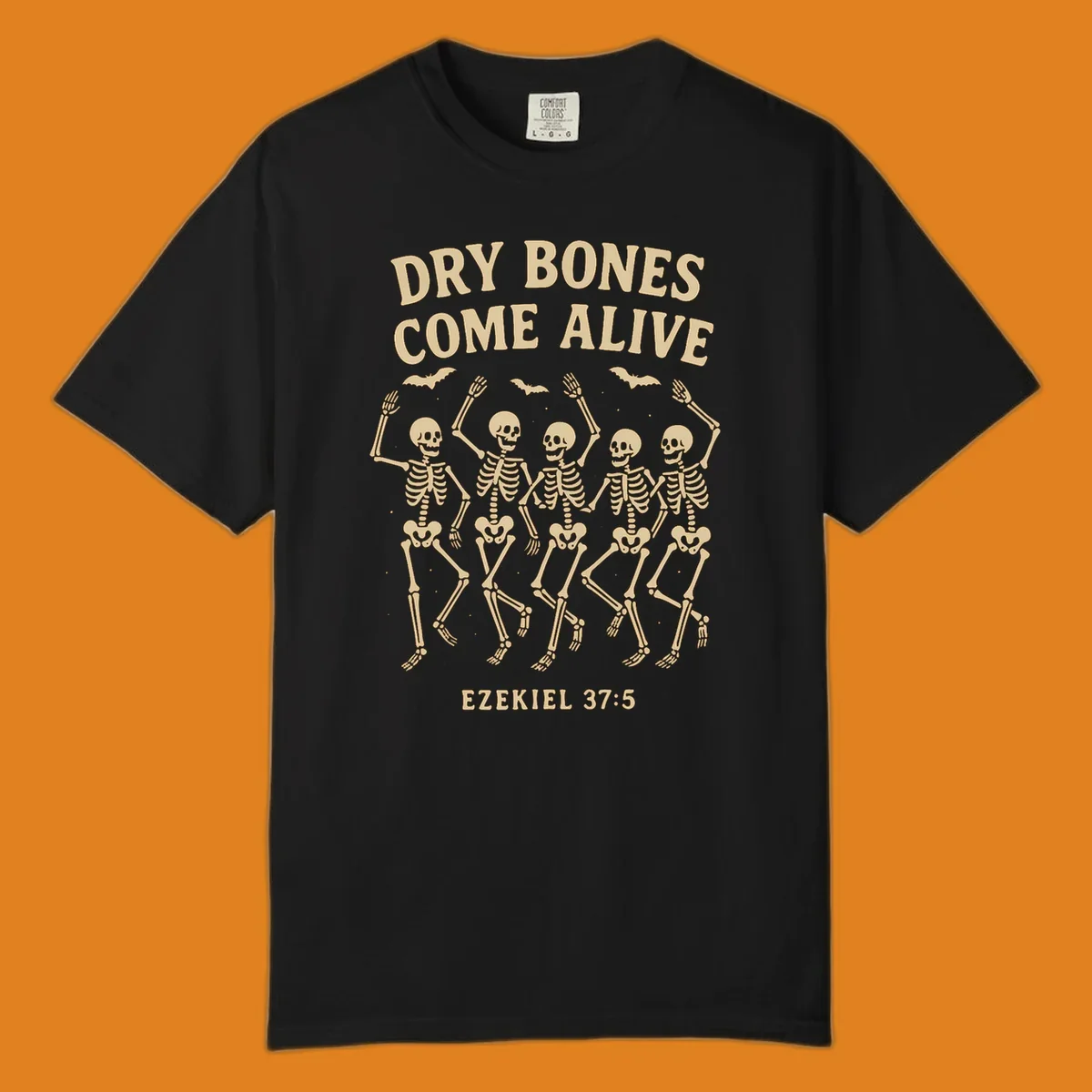 Dancing skeletons and bats with text 'Dry Bones Come Alive' and 'Ezekiel 37:5'.