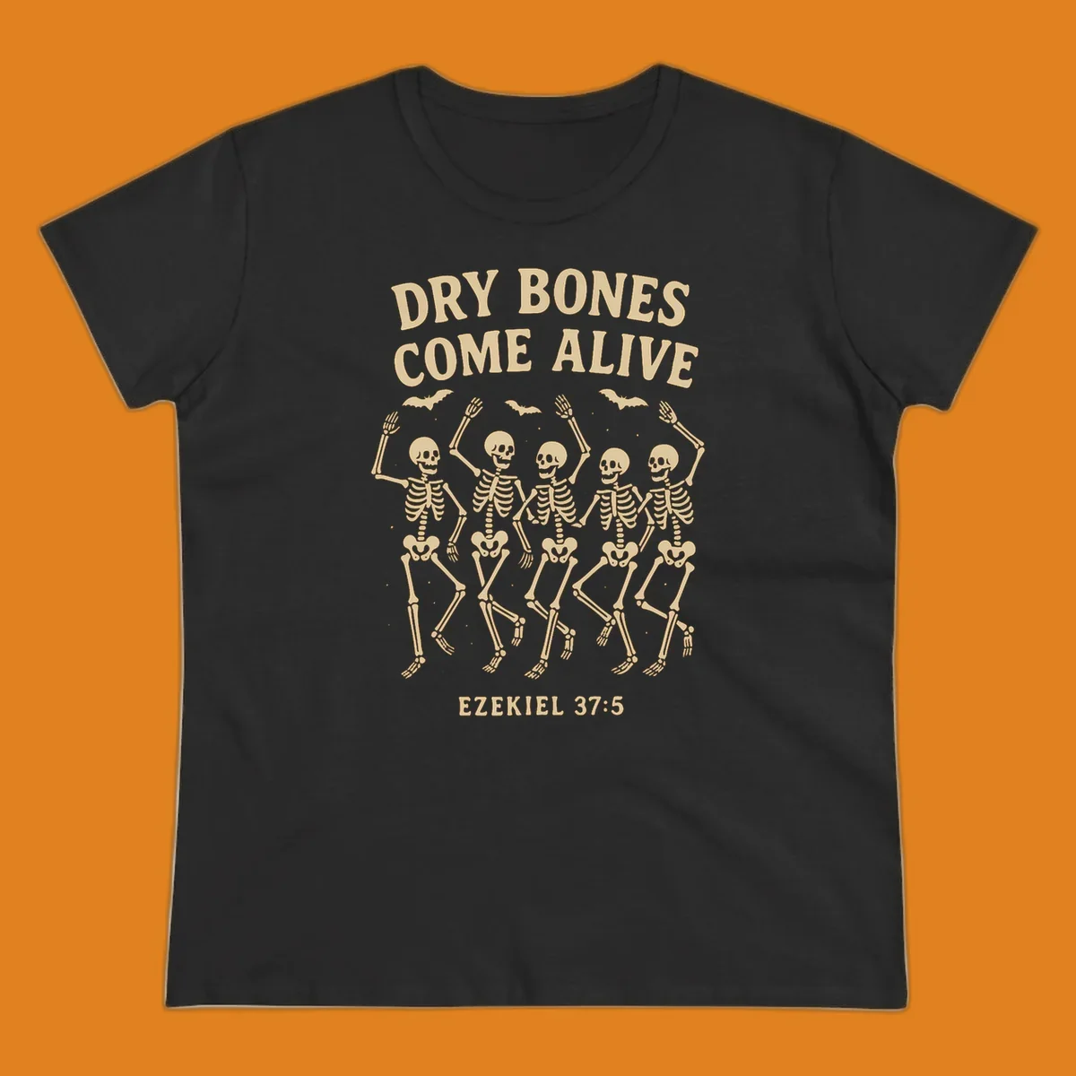 Dancing skeletons and bats with text 'Dry Bones Come Alive' and 'Ezekiel 37:5'.