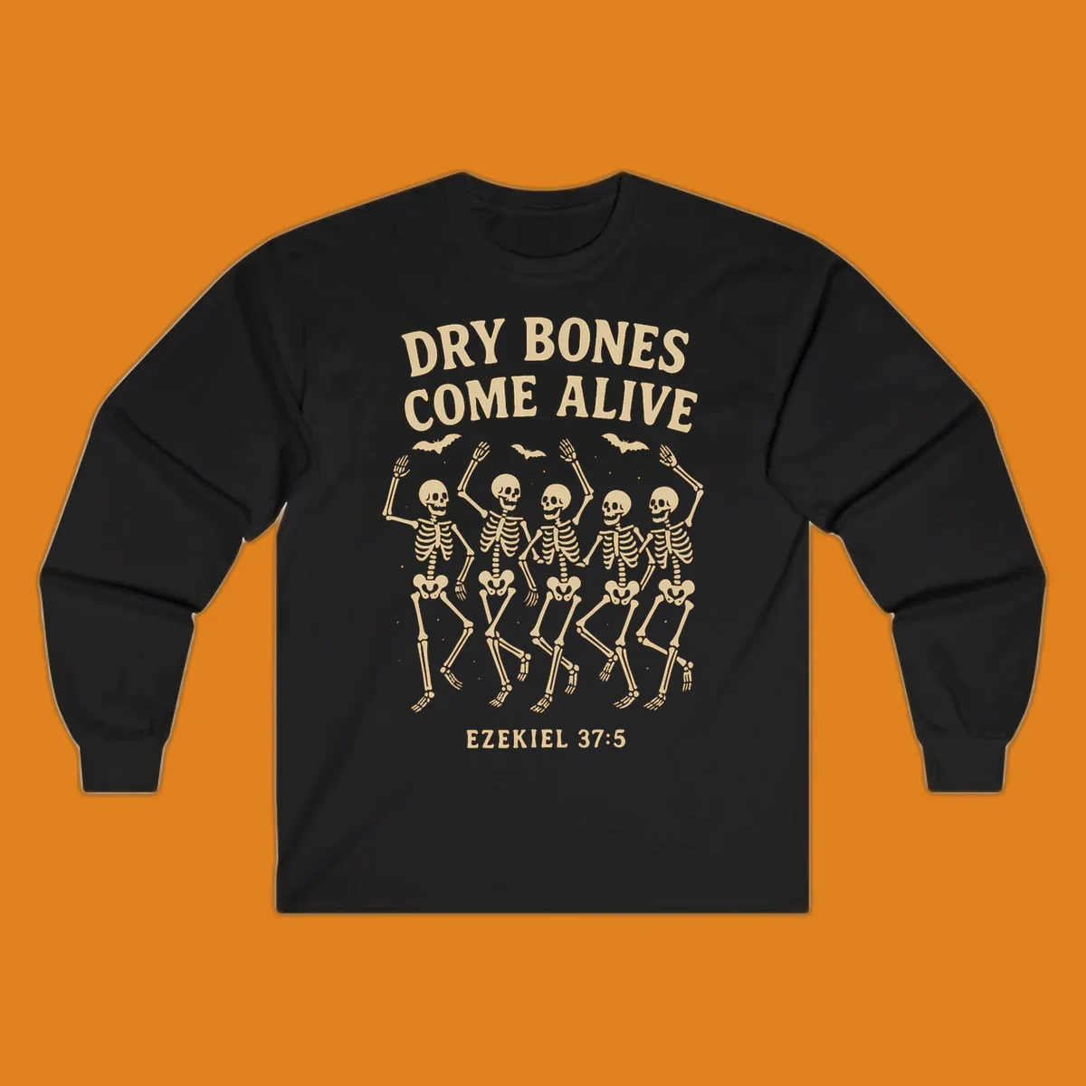 Dancing skeletons and bats with text 'Dry Bones Come Alive' and 'Ezekiel 37:5'.