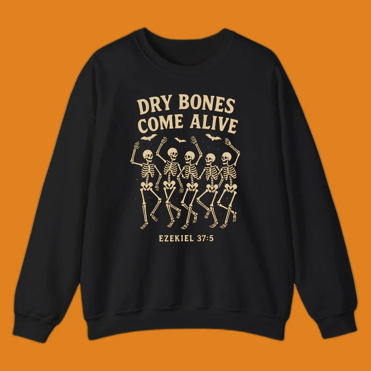 Dancing skeletons and bats with text 'Dry Bones Come Alive' and 'Ezekiel 37:5'.