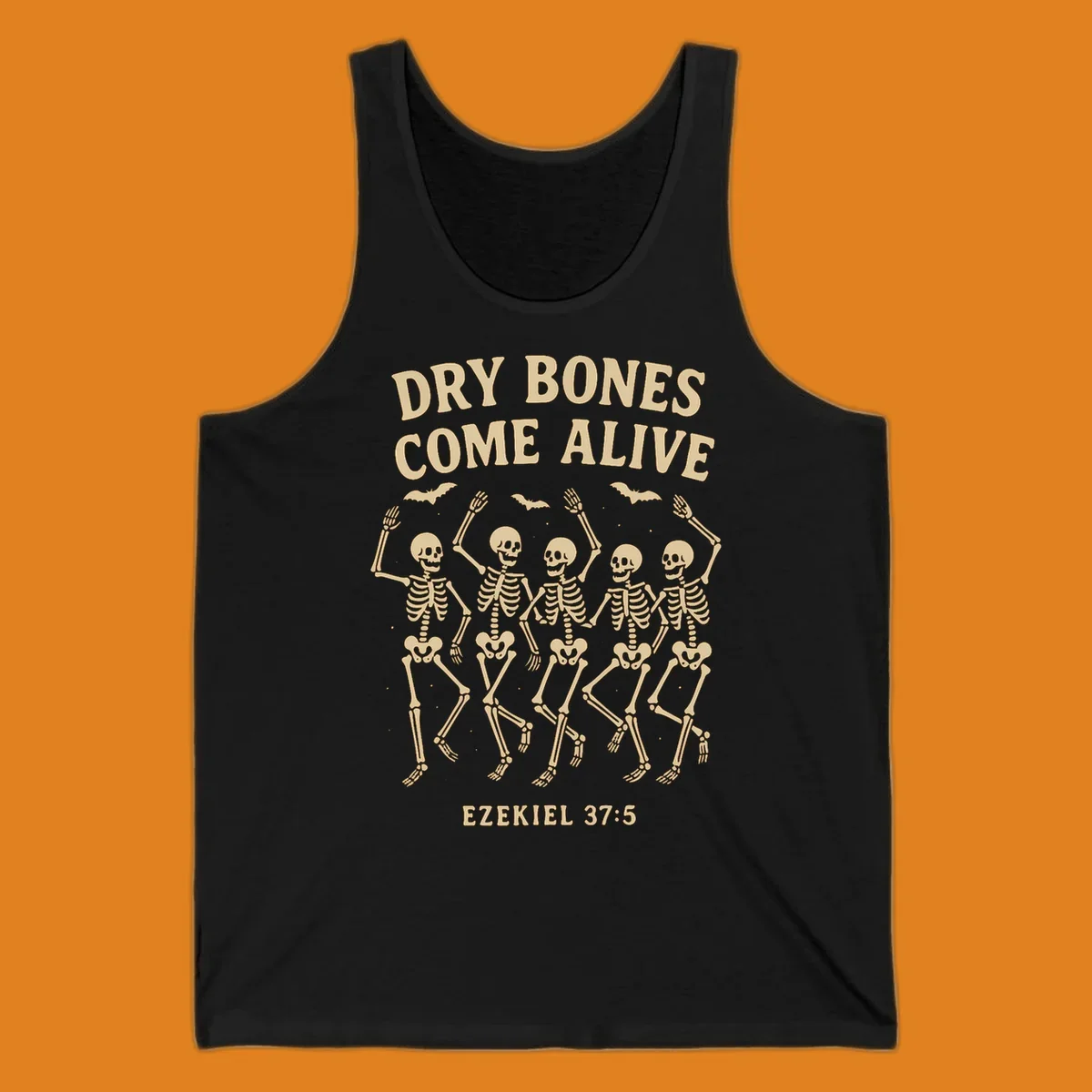 Dancing skeletons and bats with text 'Dry Bones Come Alive' and 'Ezekiel 37:5'.