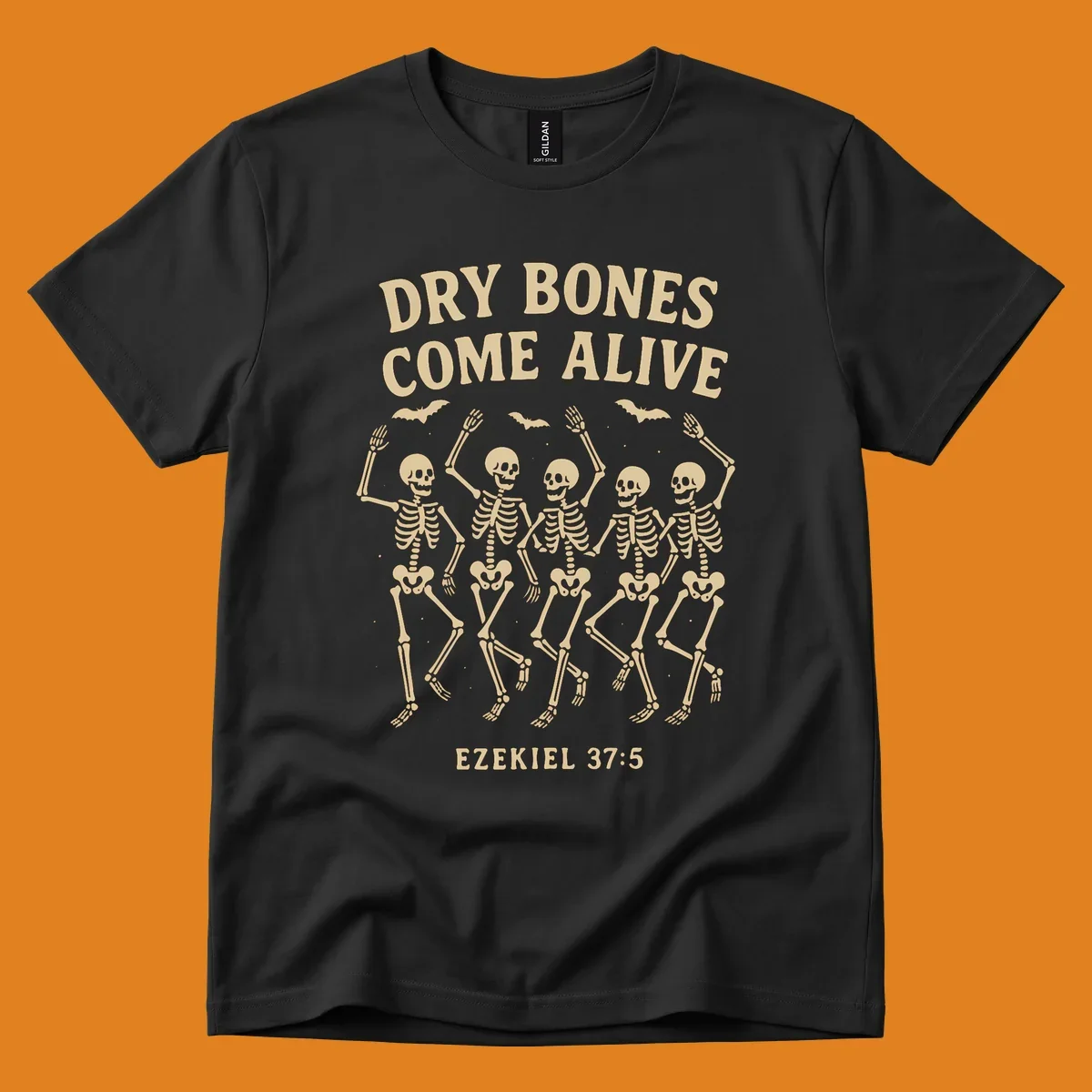 Dancing skeletons and bats with text 'Dry Bones Come Alive' and 'Ezekiel 37:5'.