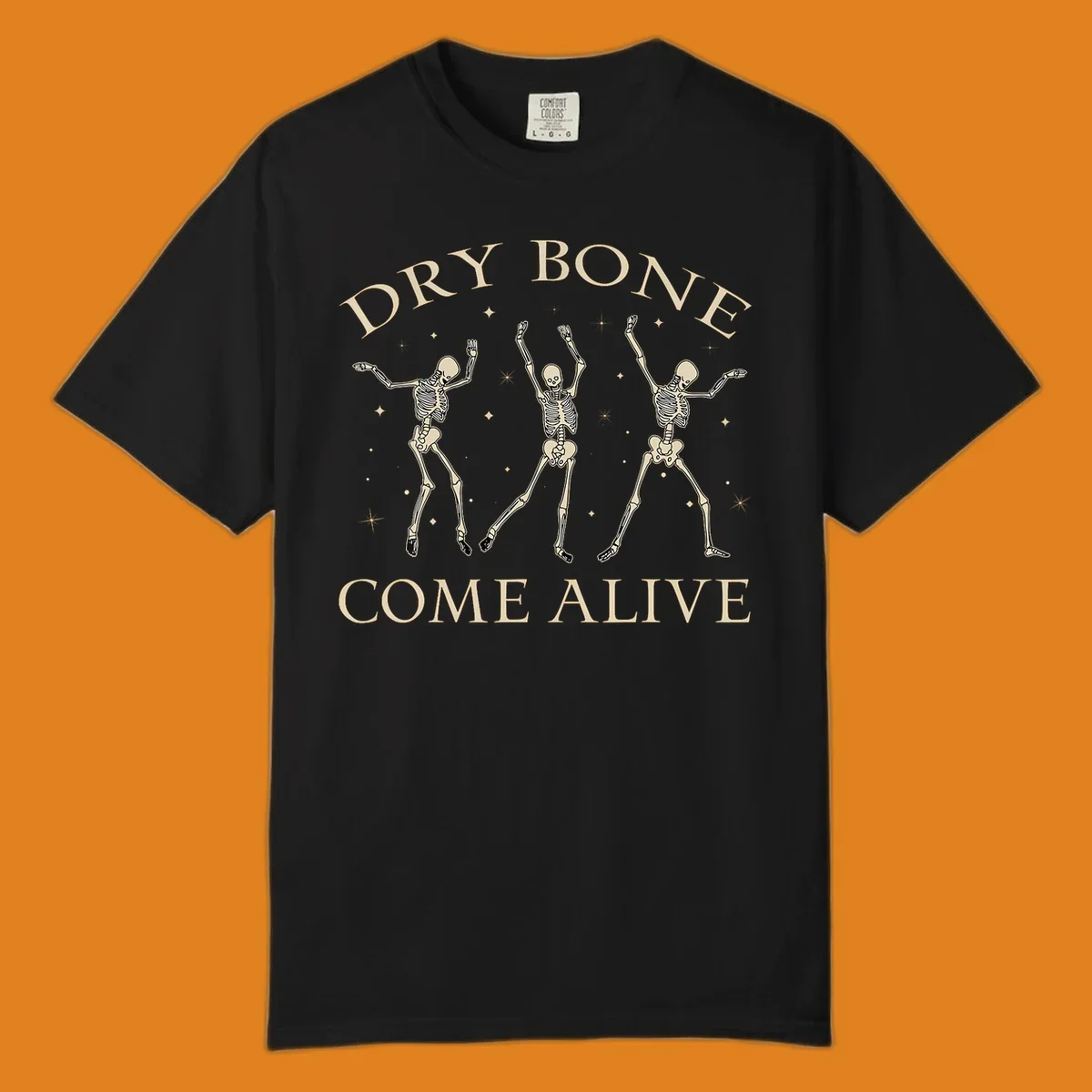 Three dancing skeletons illustration with text "DRY BONE COME ALIVE", representing the dry-bone-dancing-skeletons concept.