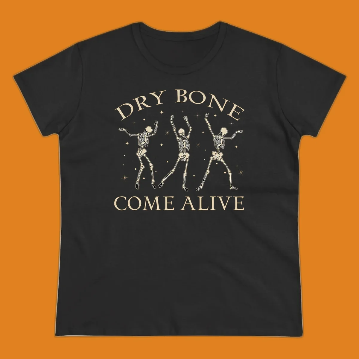 Three dancing skeletons illustration with text "DRY BONE COME ALIVE", representing the dry-bone-dancing-skeletons concept.