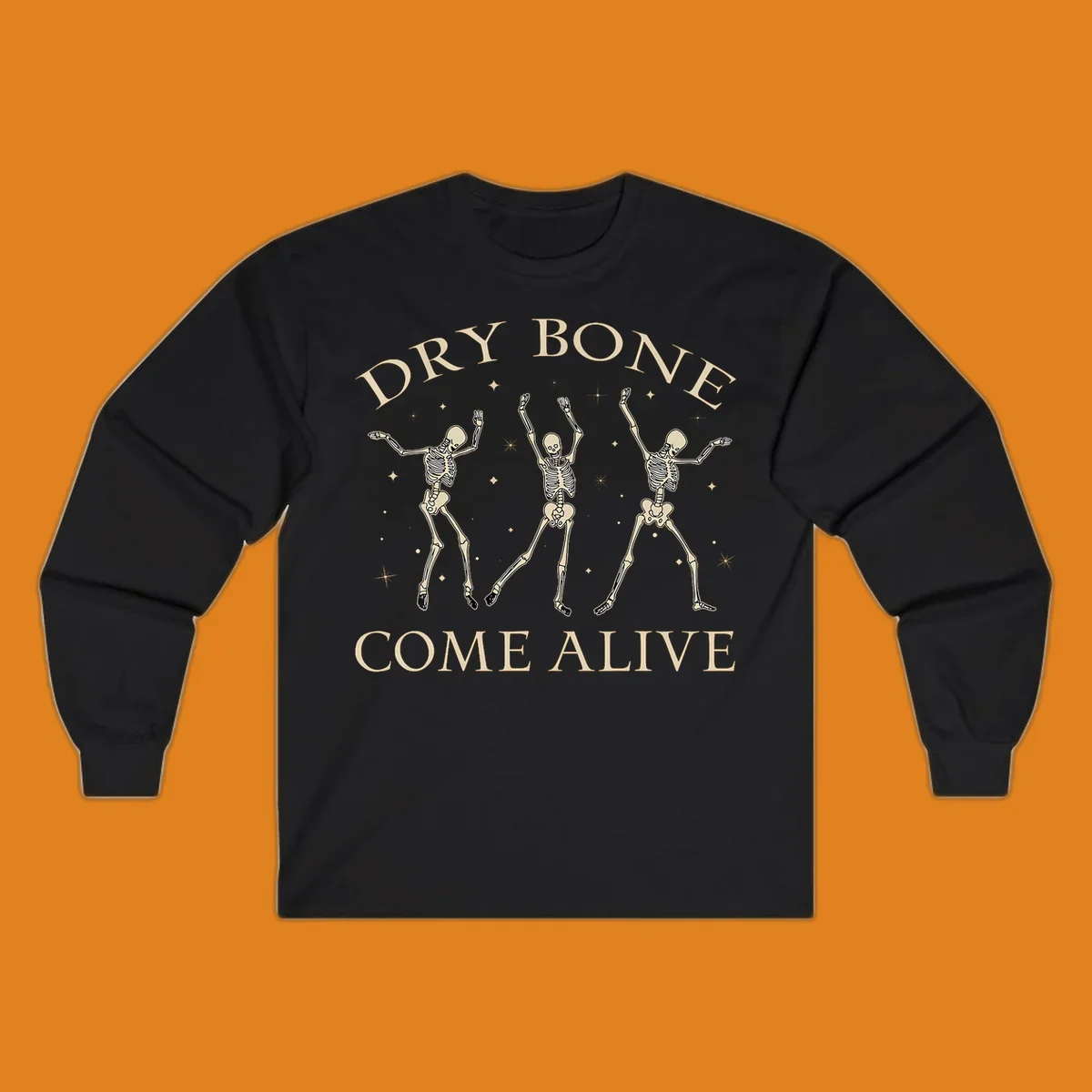 Three dancing skeletons illustration with text "DRY BONE COME ALIVE", representing the dry-bone-dancing-skeletons concept.
