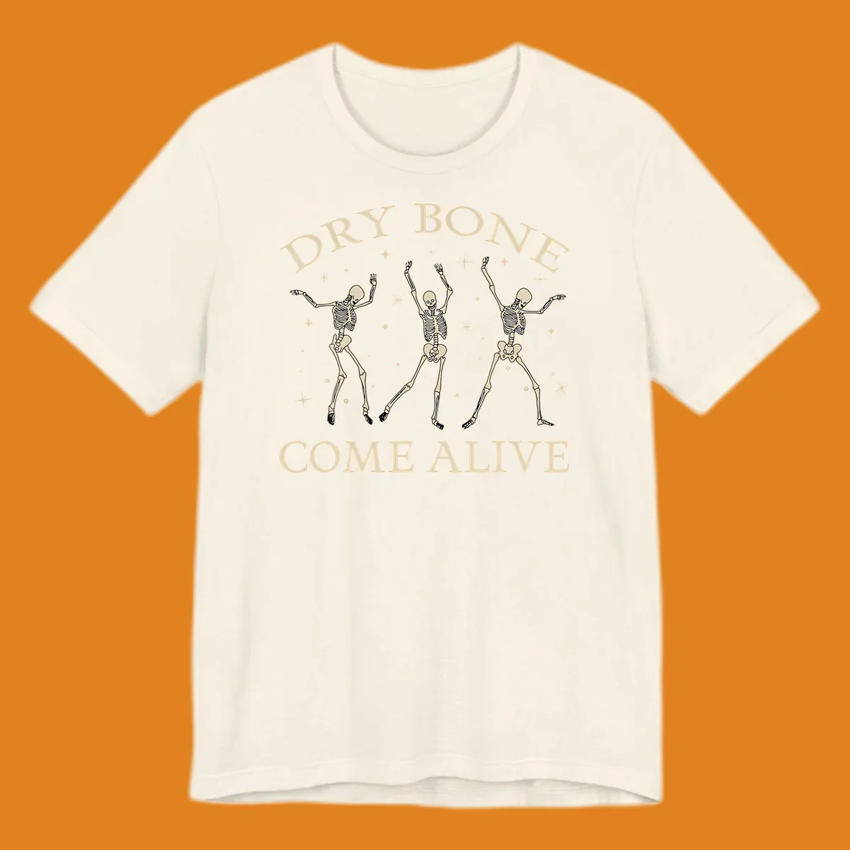 Three dancing skeletons illustration with text "DRY BONE COME ALIVE", representing the dry-bone-dancing-skeletons concept.