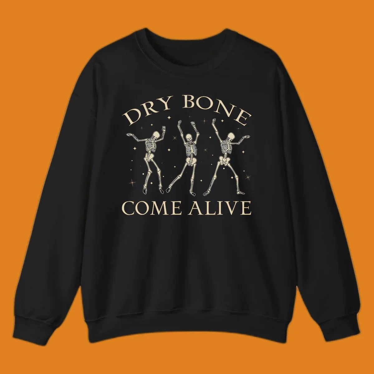 Three dancing skeletons illustration with text "DRY BONE COME ALIVE", representing the dry-bone-dancing-skeletons concept.