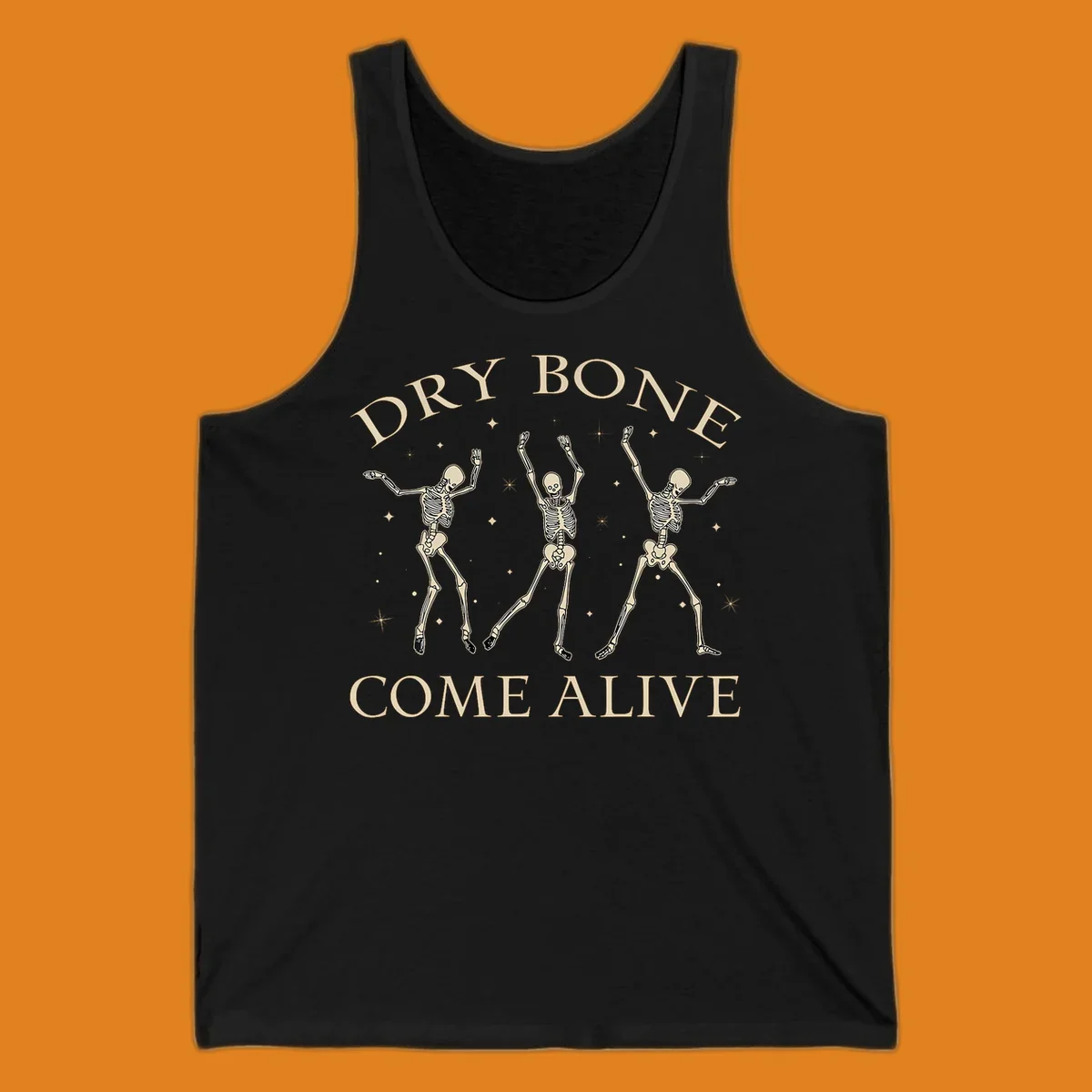 Three dancing skeletons illustration with text "DRY BONE COME ALIVE", representing the dry-bone-dancing-skeletons concept.