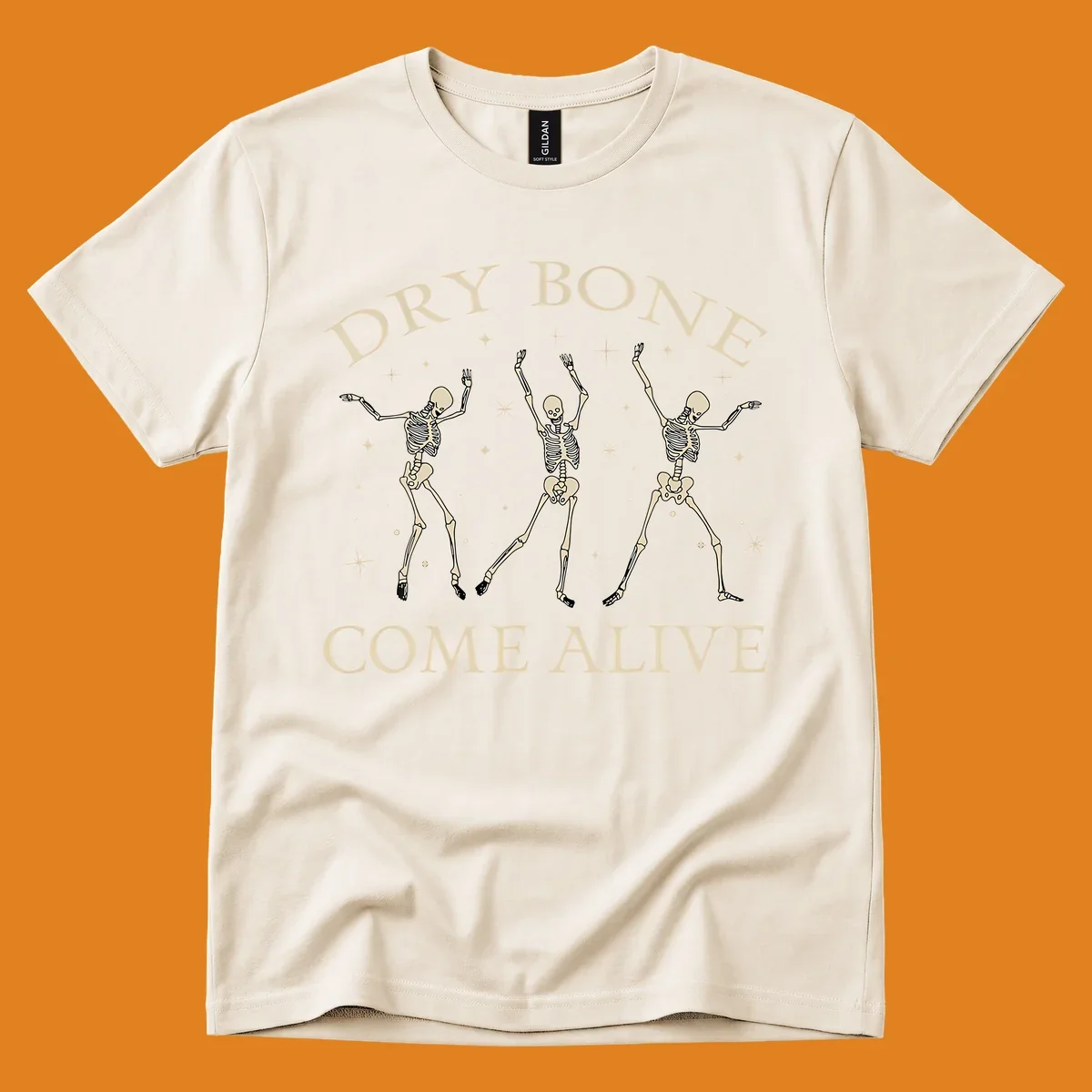 Three dancing skeletons illustration with text "DRY BONE COME ALIVE", representing the dry-bone-dancing-skeletons concept.