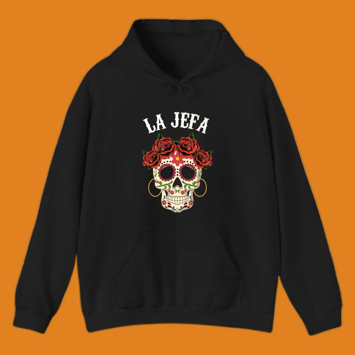 A colorful La Jefa sugar skull design with a crown of red roses and gold hoop earrings.
