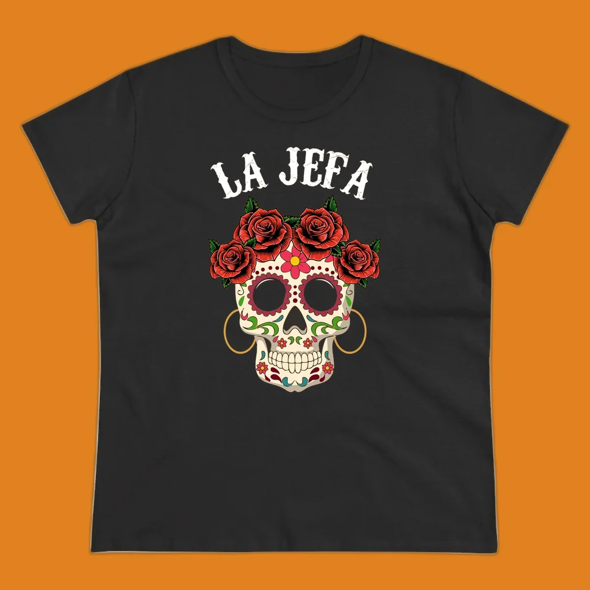 A colorful La Jefa sugar skull design with a crown of red roses and gold hoop earrings.