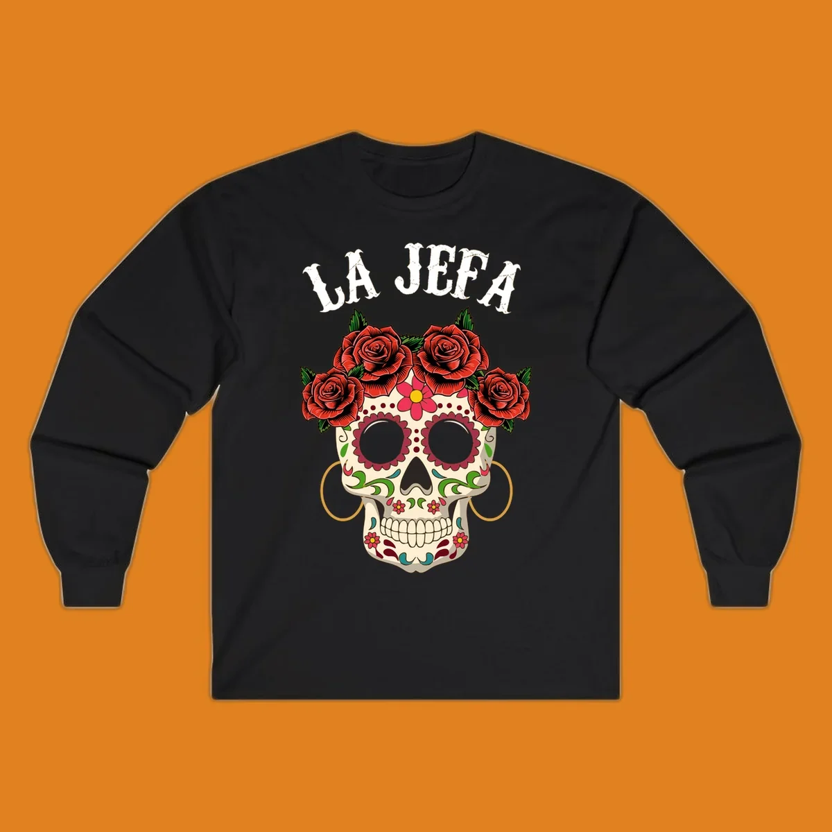 A colorful La Jefa sugar skull design with a crown of red roses and gold hoop earrings.