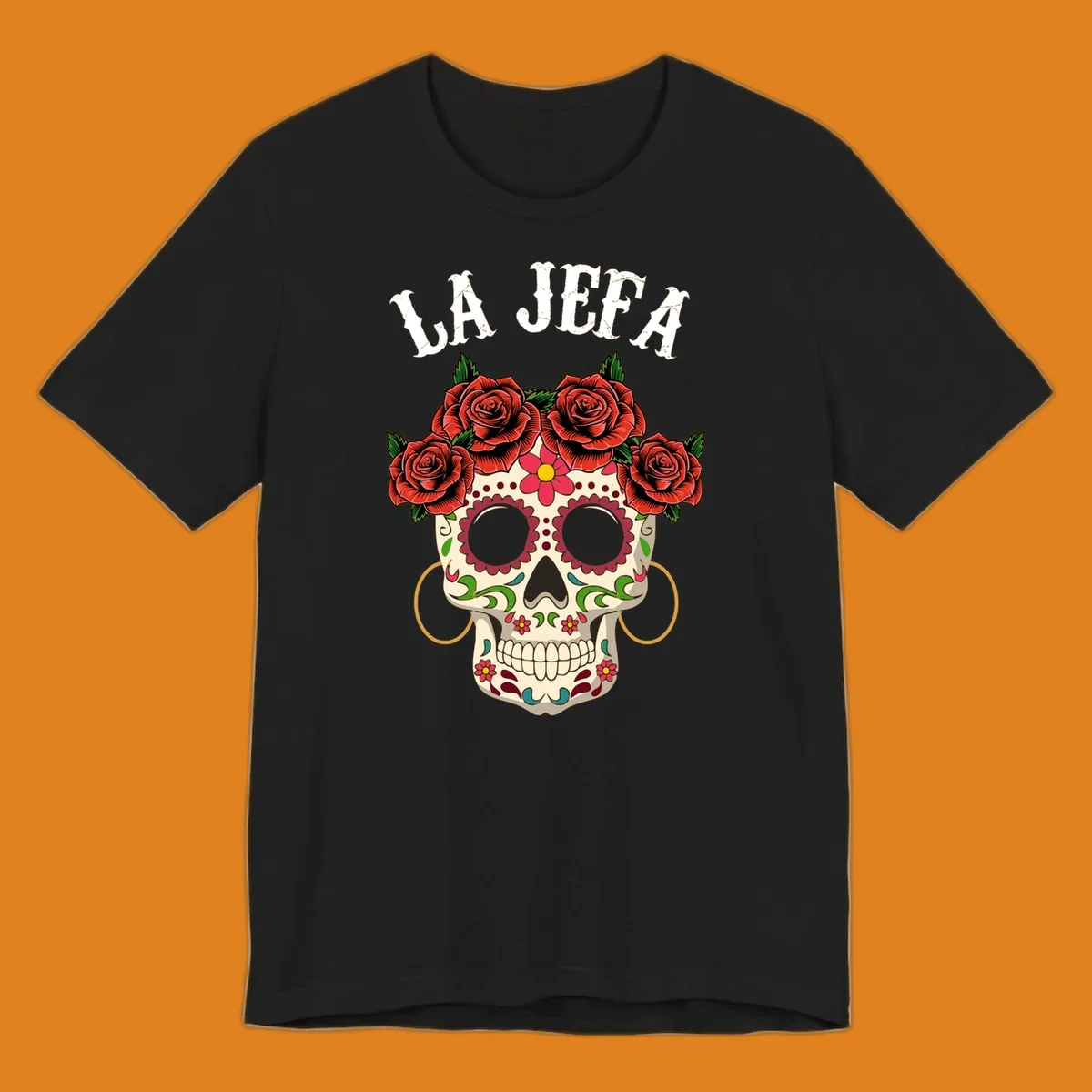 A colorful La Jefa sugar skull design with a crown of red roses and gold hoop earrings.