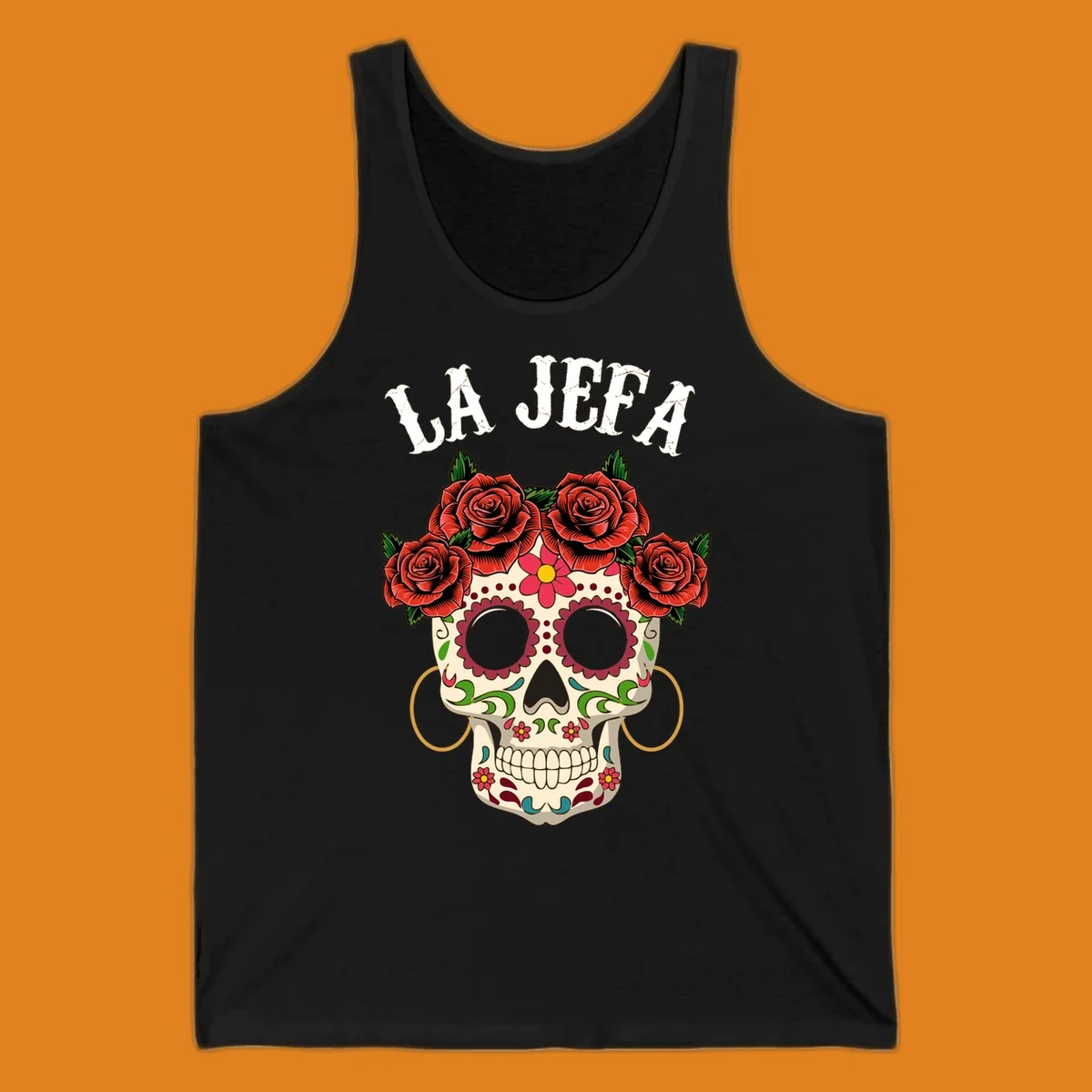 A colorful La Jefa sugar skull design with a crown of red roses and gold hoop earrings.