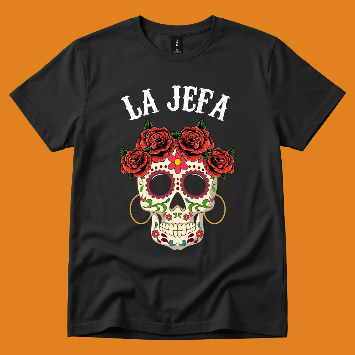 A colorful La Jefa sugar skull design with a crown of red roses and gold hoop earrings.