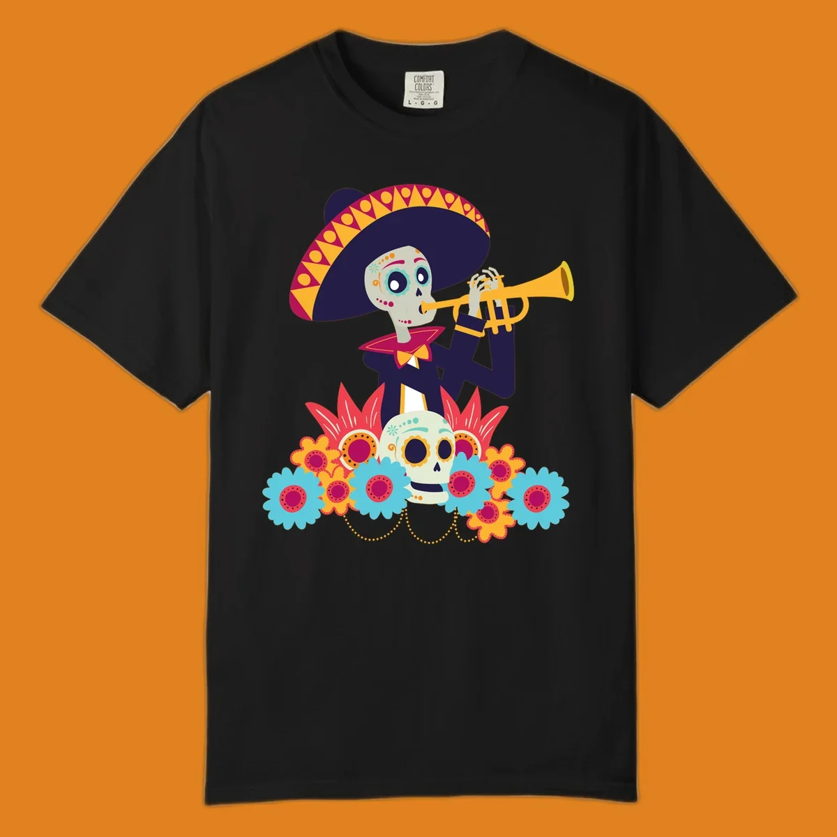 A calavera skeleton trumpet player in a sombrero and bow tie, surrounded by colorful flowers and a sugar skull.