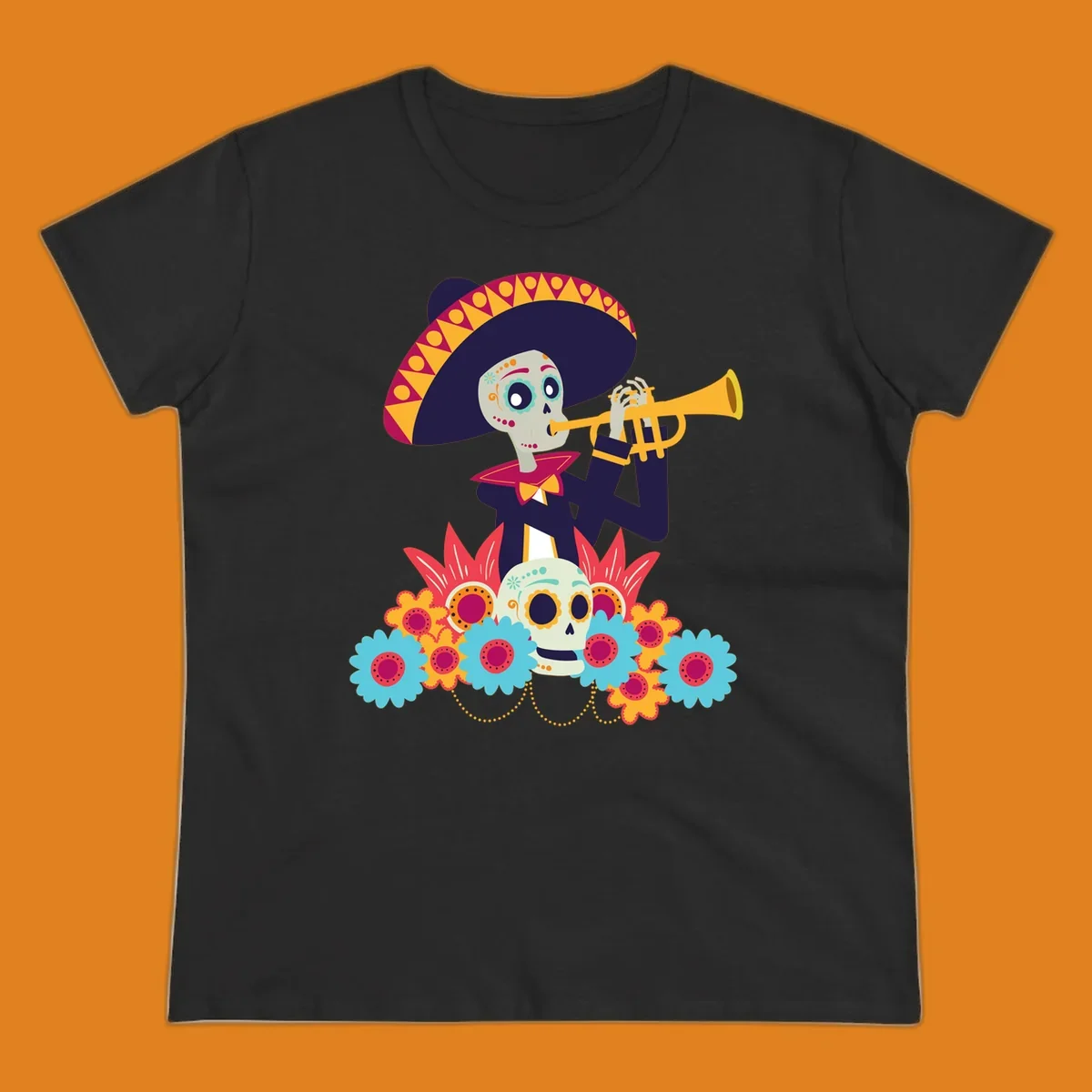 A calavera skeleton trumpet player in a sombrero and bow tie, surrounded by colorful flowers and a sugar skull.