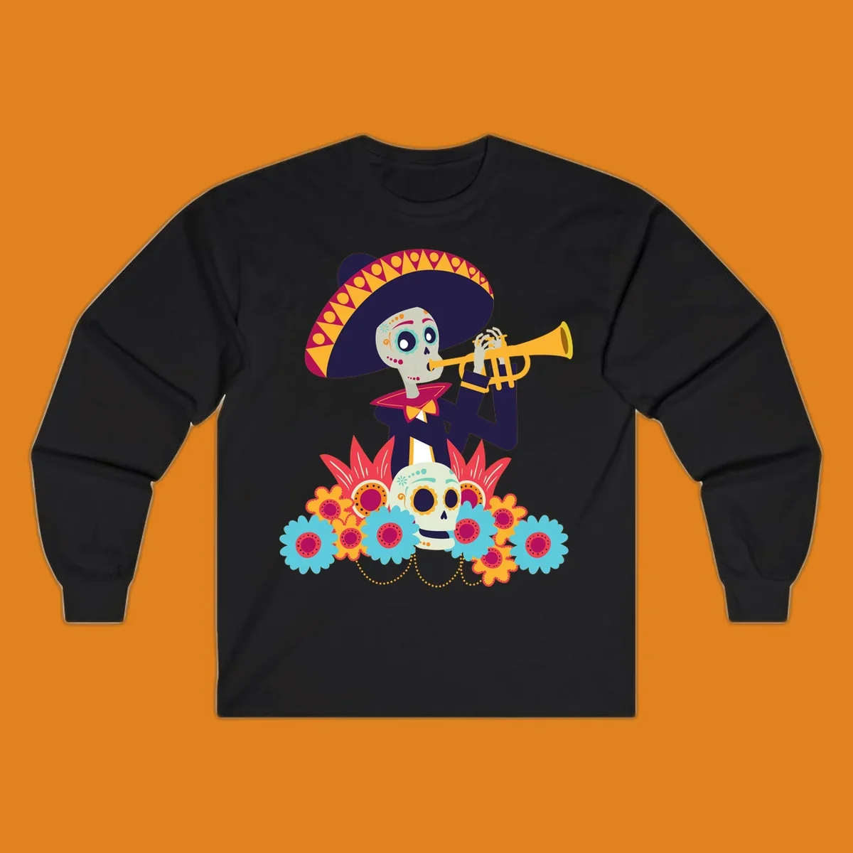 A calavera skeleton trumpet player in a sombrero and bow tie, surrounded by colorful flowers and a sugar skull.