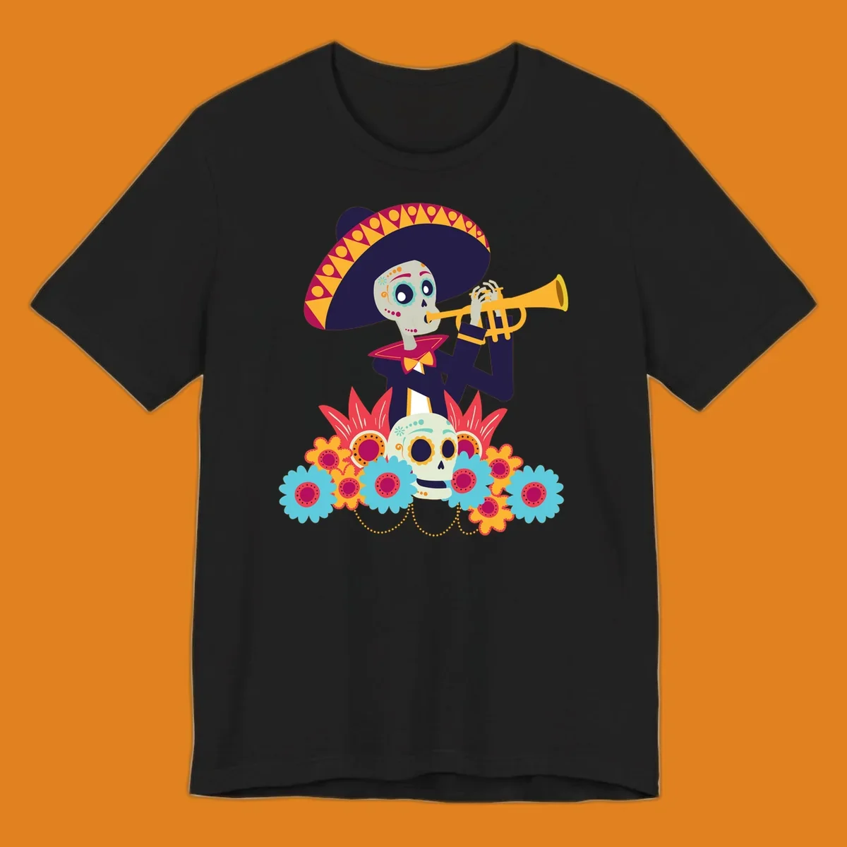 A calavera skeleton trumpet player in a sombrero and bow tie, surrounded by colorful flowers and a sugar skull.
