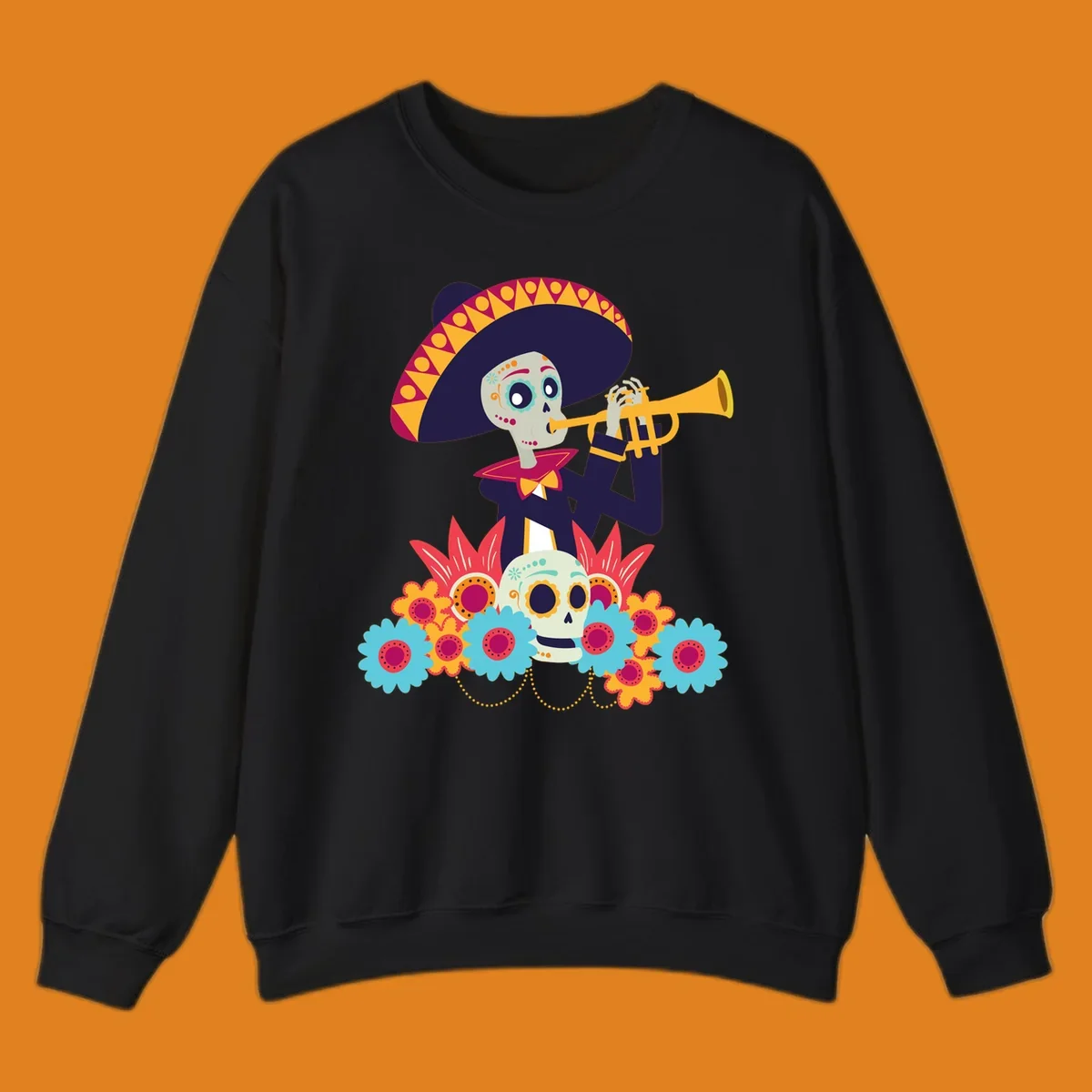 A calavera skeleton trumpet player in a sombrero and bow tie, surrounded by colorful flowers and a sugar skull.