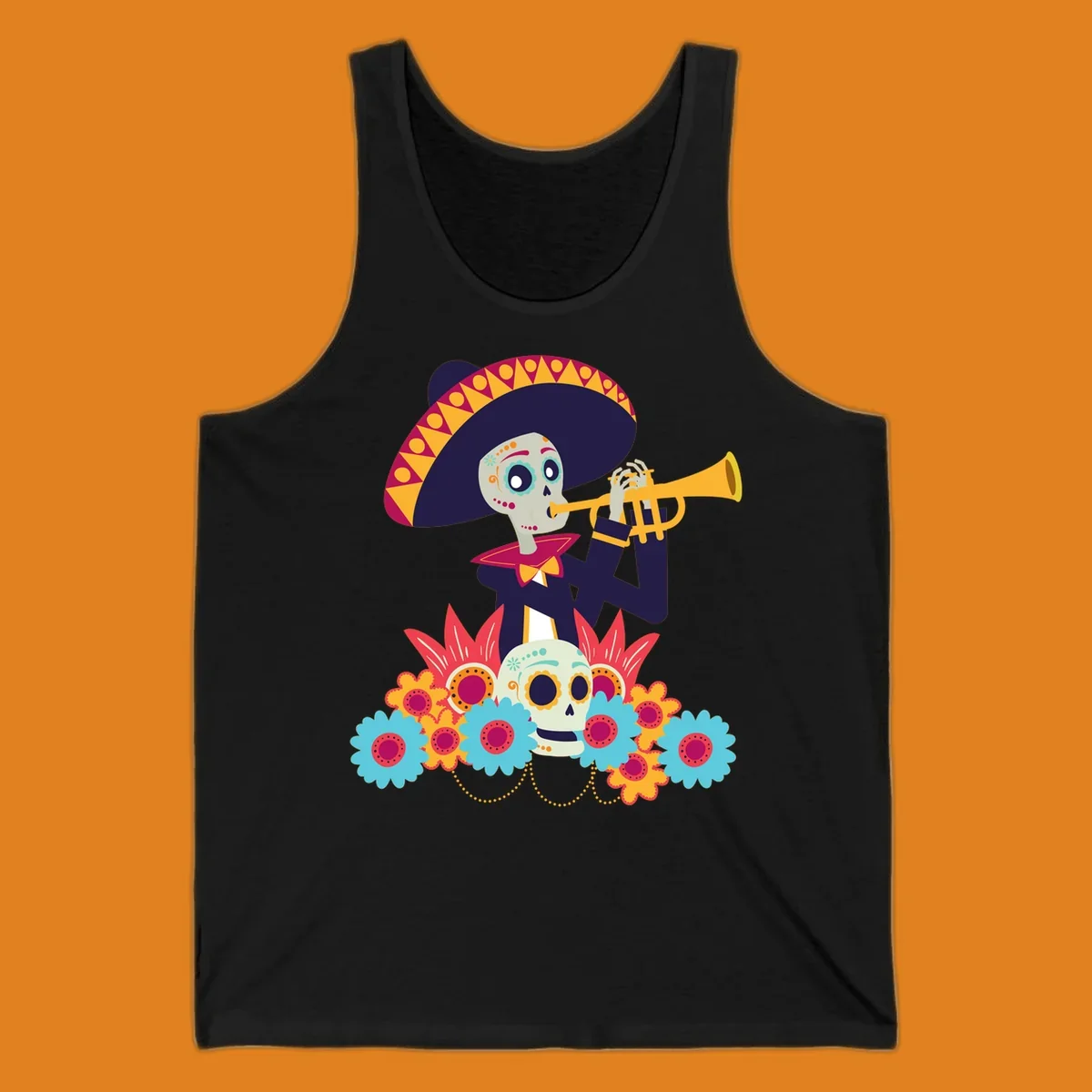 A calavera skeleton trumpet player in a sombrero and bow tie, surrounded by colorful flowers and a sugar skull.