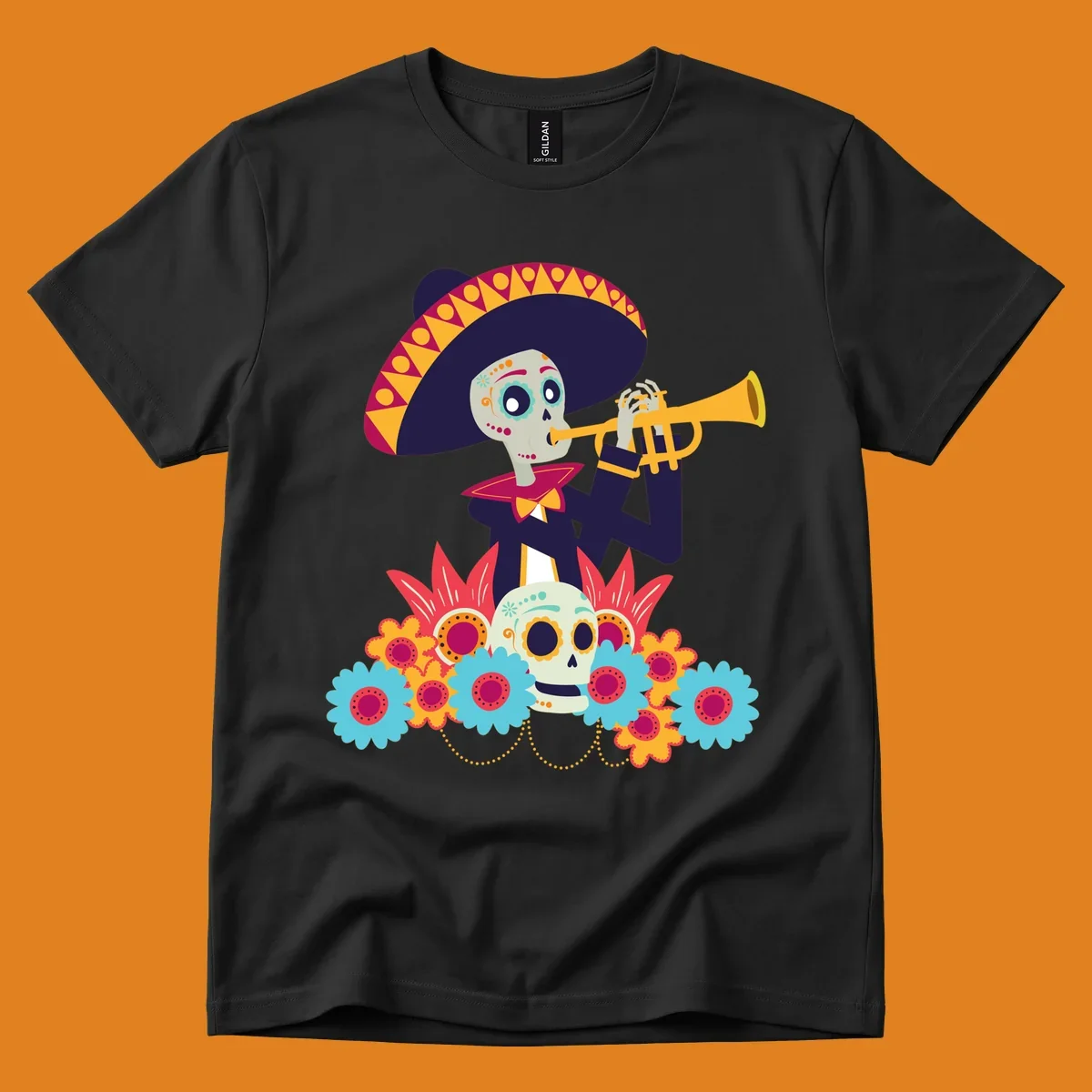 A calavera skeleton trumpet player in a sombrero and bow tie, surrounded by colorful flowers and a sugar skull.
