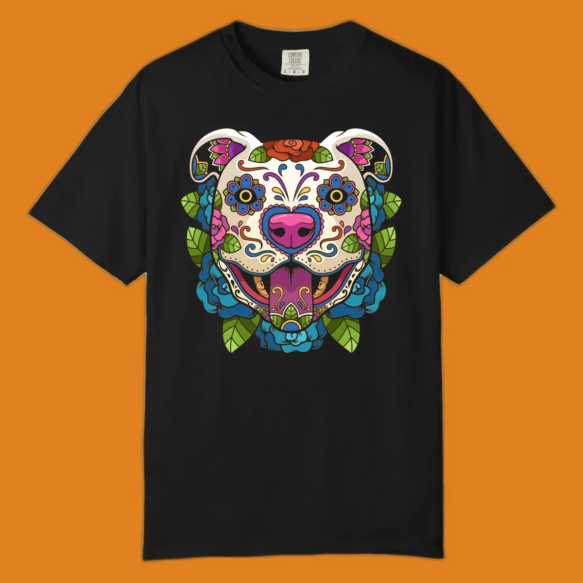 Vibrant sugar skull dog illustration with colorful floral patterns, roses, and leaves, in a traditional calavera style.