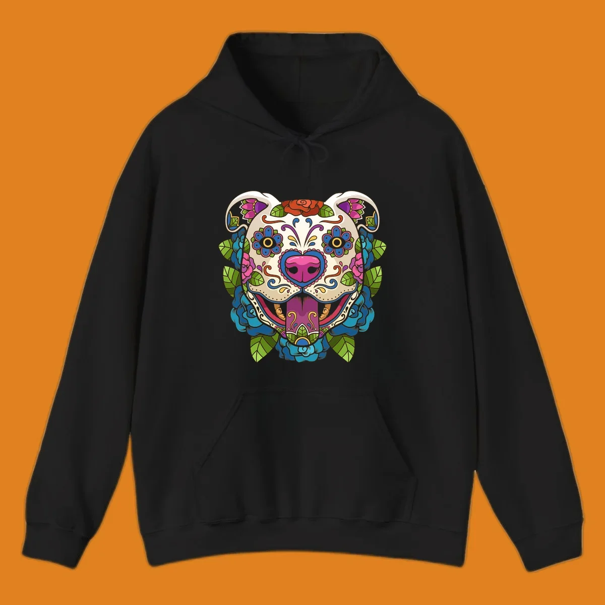 Vibrant sugar skull dog illustration with colorful floral patterns, roses, and leaves, in a traditional calavera style.