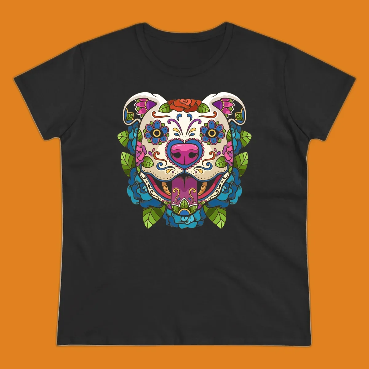 Vibrant sugar skull dog illustration with colorful floral patterns, roses, and leaves, in a traditional calavera style.