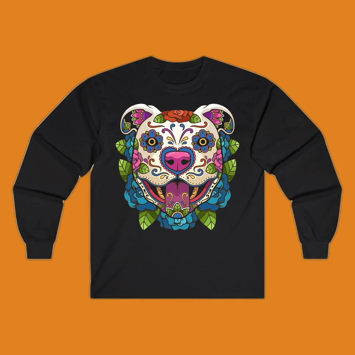 Vibrant sugar skull dog illustration with colorful floral patterns, roses, and leaves, in a traditional calavera style.