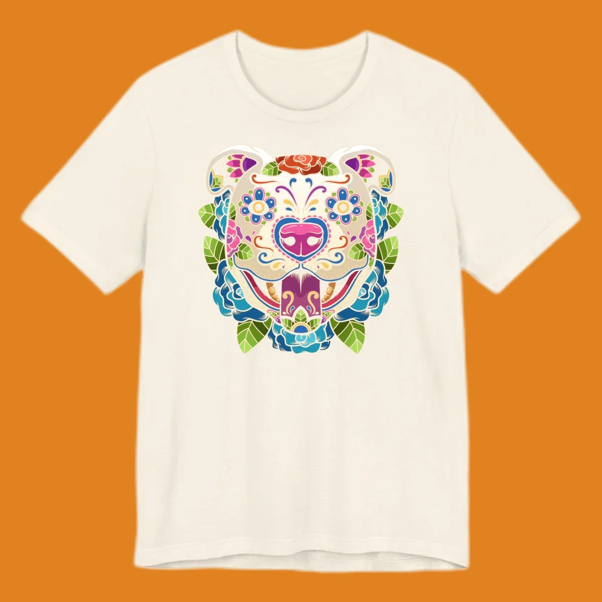 Vibrant sugar skull dog illustration with colorful floral patterns, roses, and leaves, in a traditional calavera style.