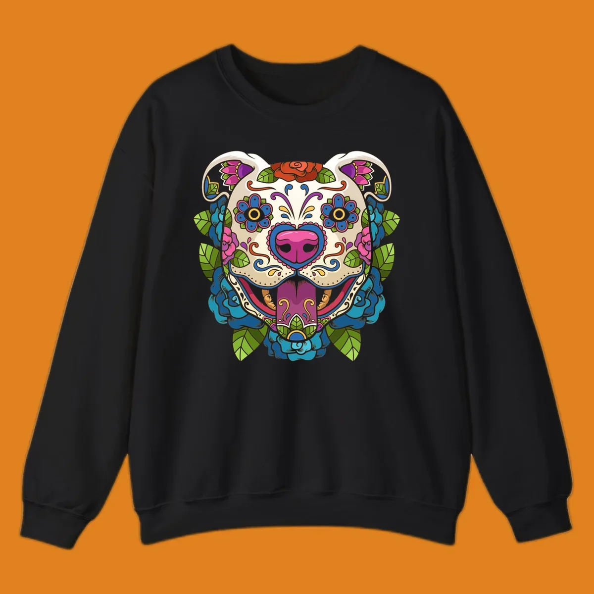 Vibrant sugar skull dog illustration with colorful floral patterns, roses, and leaves, in a traditional calavera style.