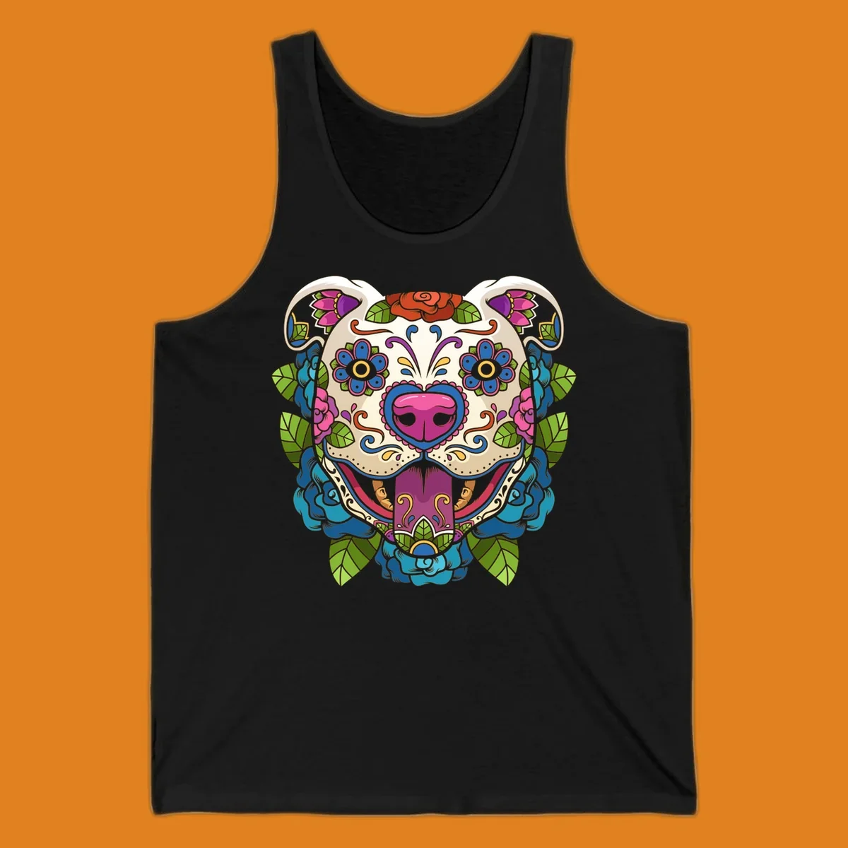 Vibrant sugar skull dog illustration with colorful floral patterns, roses, and leaves, in a traditional calavera style.