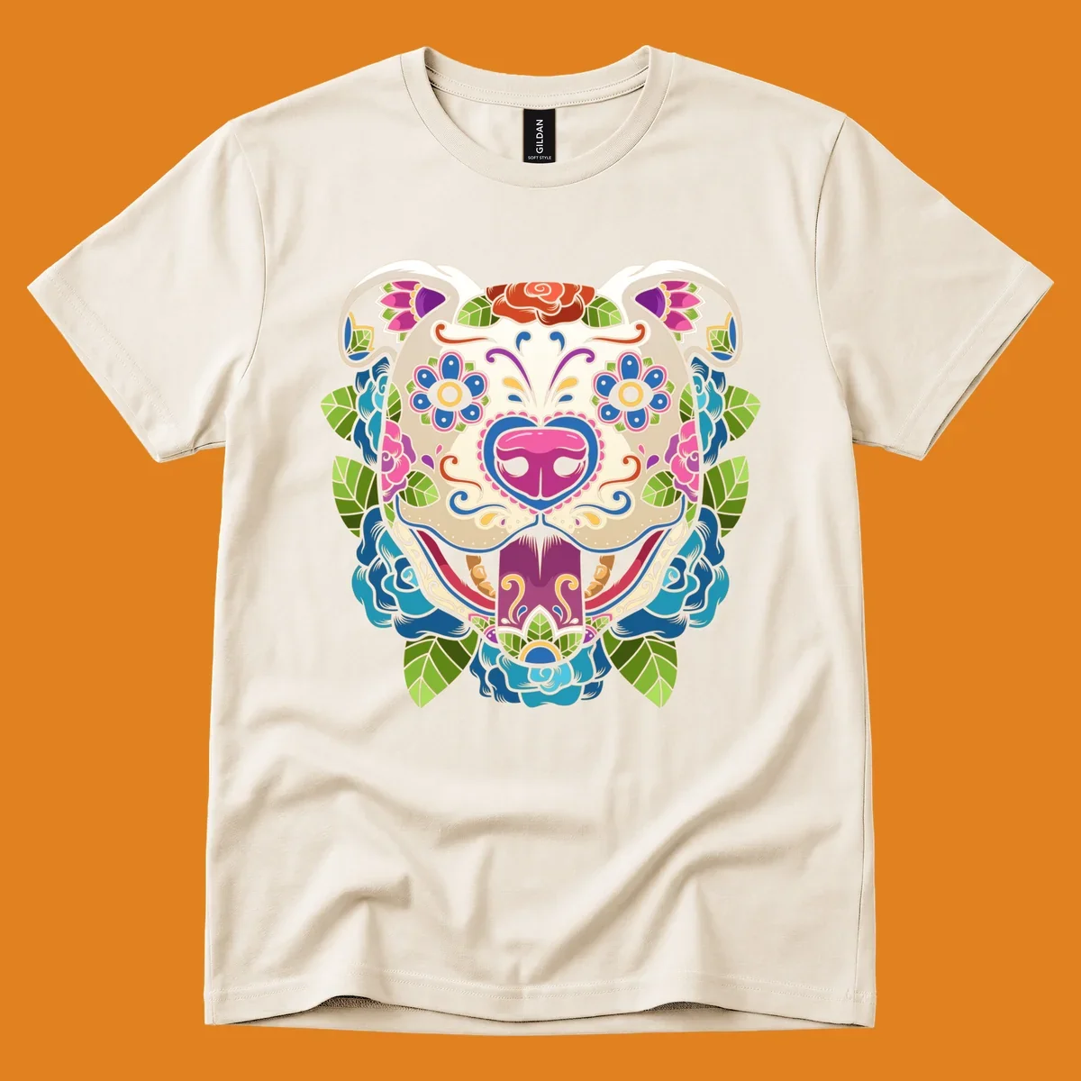 Vibrant sugar skull dog illustration with colorful floral patterns, roses, and leaves, in a traditional calavera style.