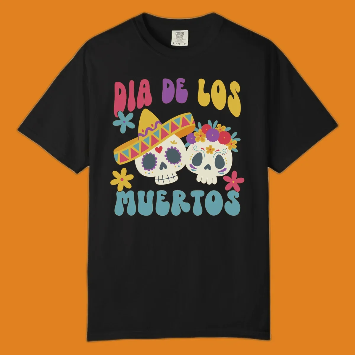 Two vibrant Dia de los Muertos sugar skulls, one wearing a sombrero and the other a flower crown, surrounded by colorful flowers and text that reads DIA DE LOS MUERTOS.