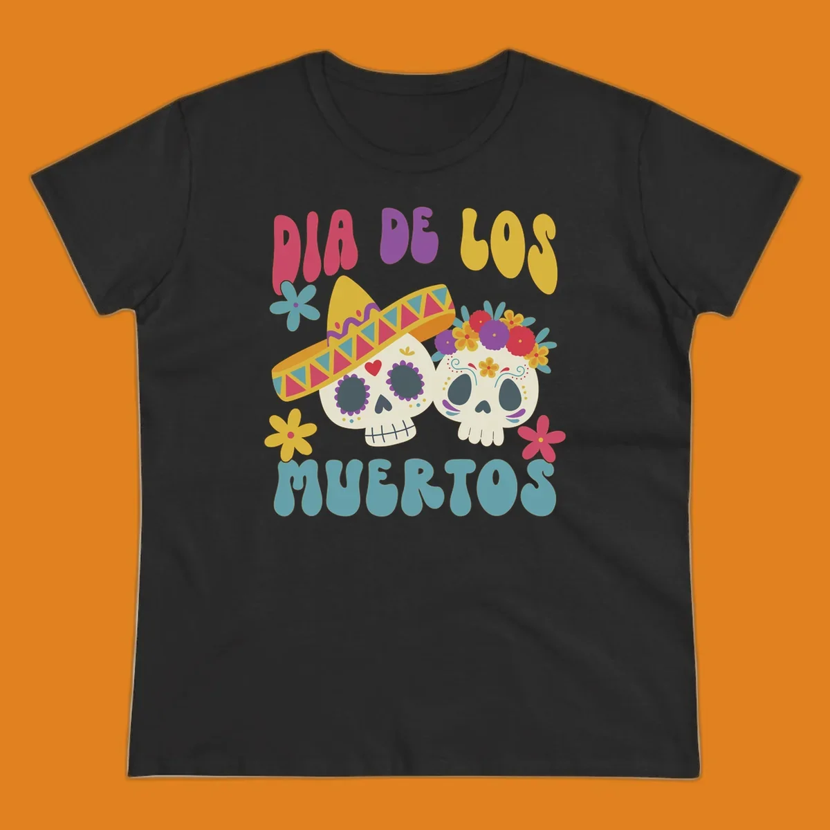 Two vibrant Dia de los Muertos sugar skulls, one wearing a sombrero and the other a flower crown, surrounded by colorful flowers and text that reads DIA DE LOS MUERTOS.