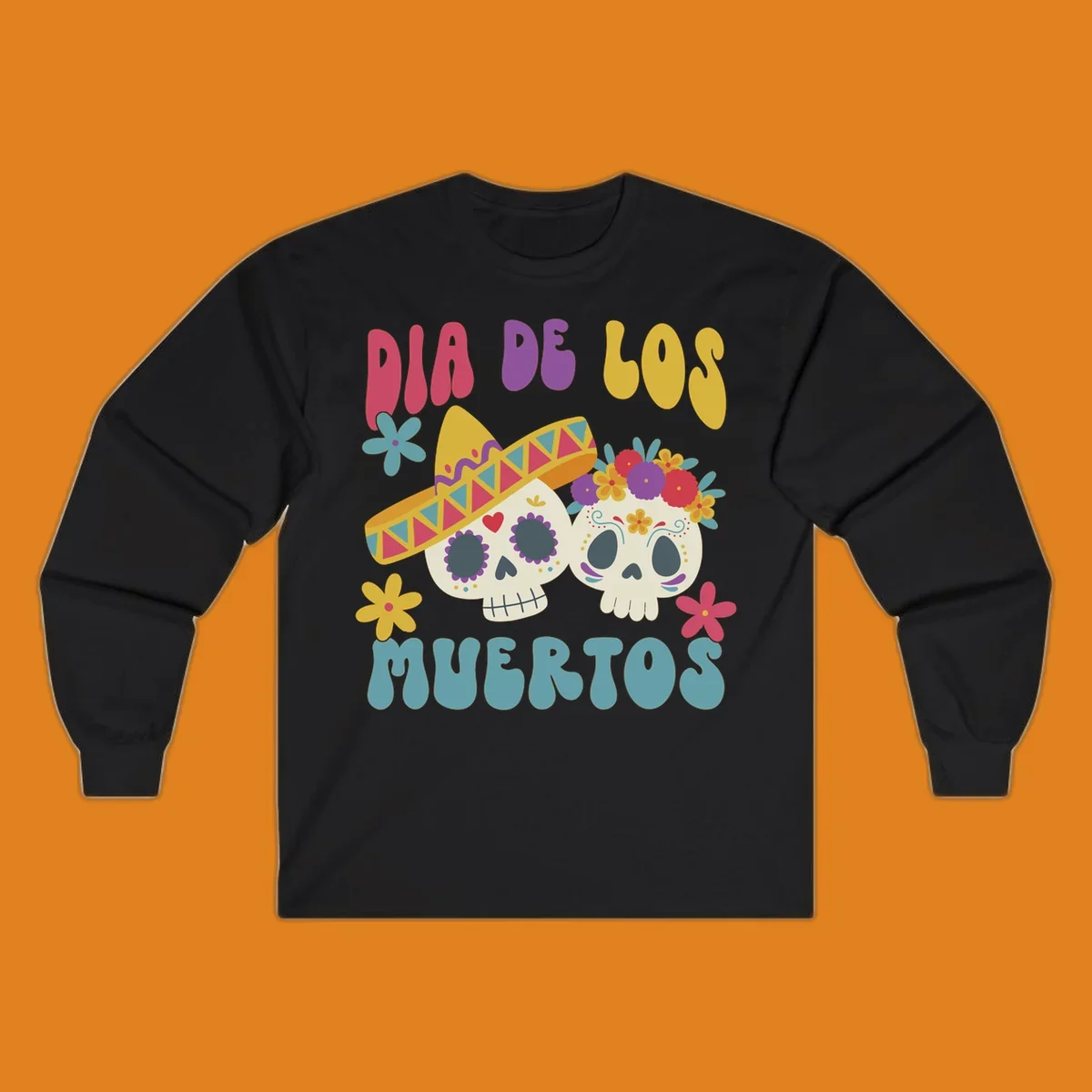 Two vibrant Dia de los Muertos sugar skulls, one wearing a sombrero and the other a flower crown, surrounded by colorful flowers and text that reads DIA DE LOS MUERTOS.