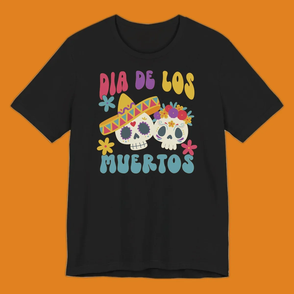 Two vibrant Dia de los Muertos sugar skulls, one wearing a sombrero and the other a flower crown, surrounded by colorful flowers and text that reads DIA DE LOS MUERTOS.