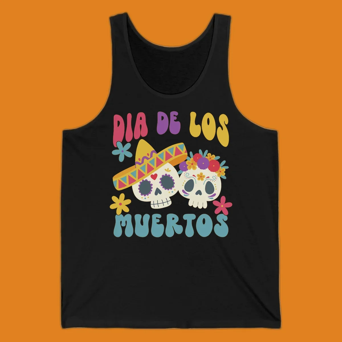 Two vibrant Dia de los Muertos sugar skulls, one wearing a sombrero and the other a flower crown, surrounded by colorful flowers and text that reads DIA DE LOS MUERTOS.