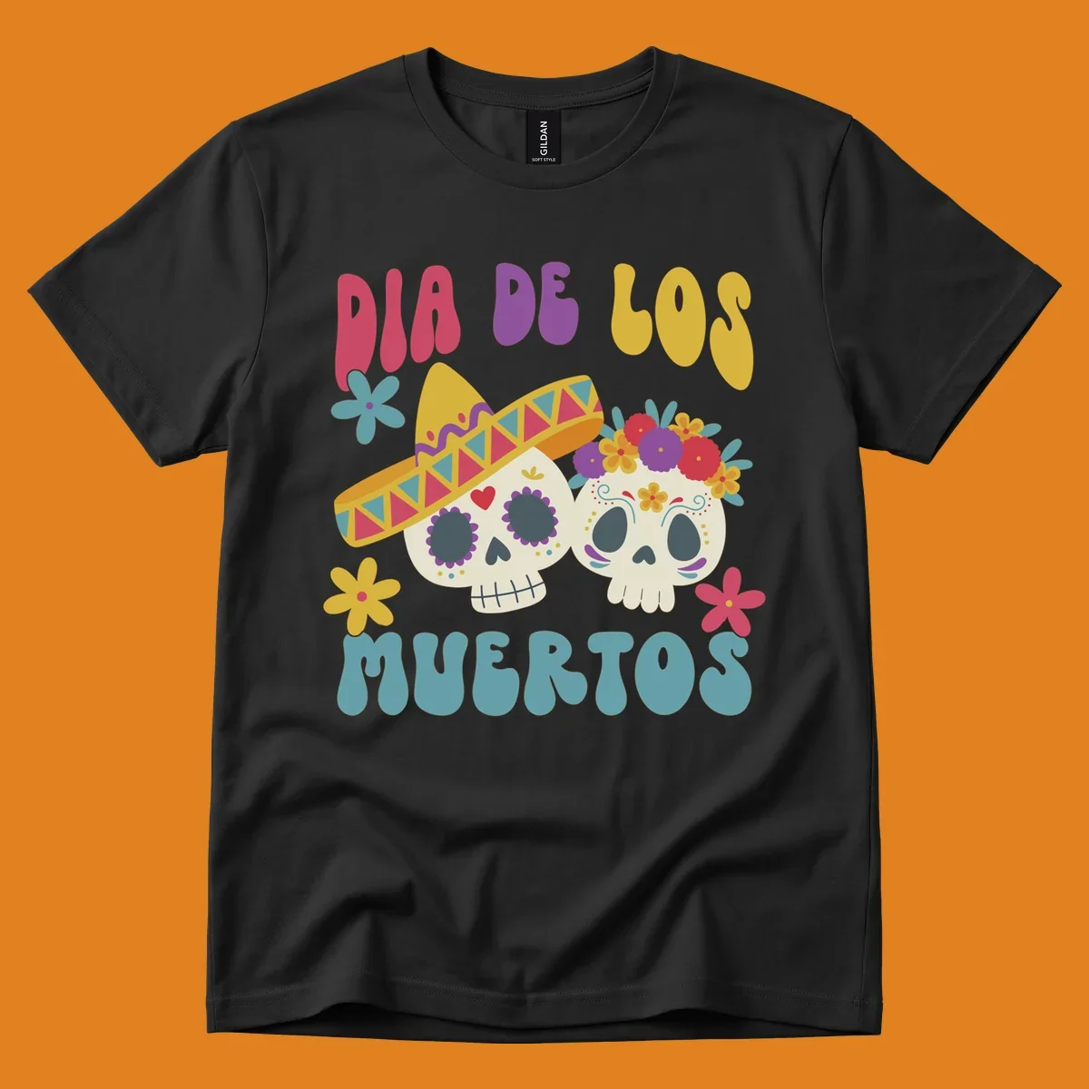 Two vibrant Dia de los Muertos sugar skulls, one wearing a sombrero and the other a flower crown, surrounded by colorful flowers and text that reads DIA DE LOS MUERTOS.