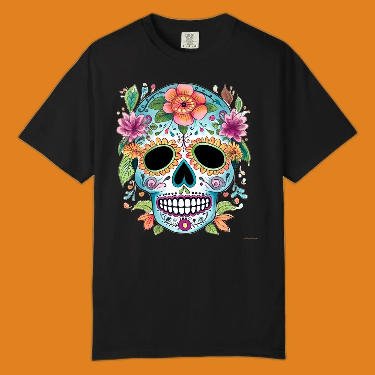 A vibrant floral calavera skull illustration, adorned with colorful flowers and leaves on a teal and white base.