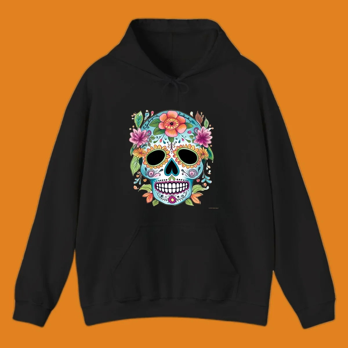 A vibrant floral calavera skull illustration, adorned with colorful flowers and leaves on a teal and white base.