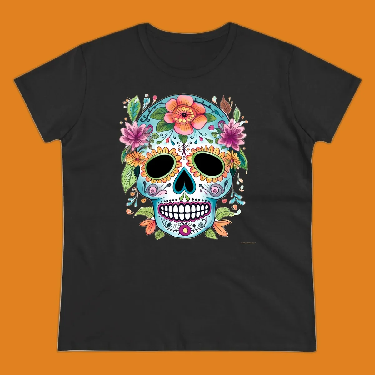 A vibrant floral calavera skull illustration, adorned with colorful flowers and leaves on a teal and white base.
