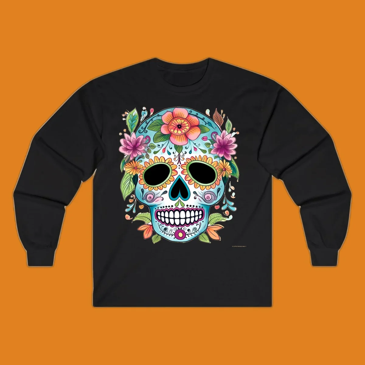 A vibrant floral calavera skull illustration, adorned with colorful flowers and leaves on a teal and white base.