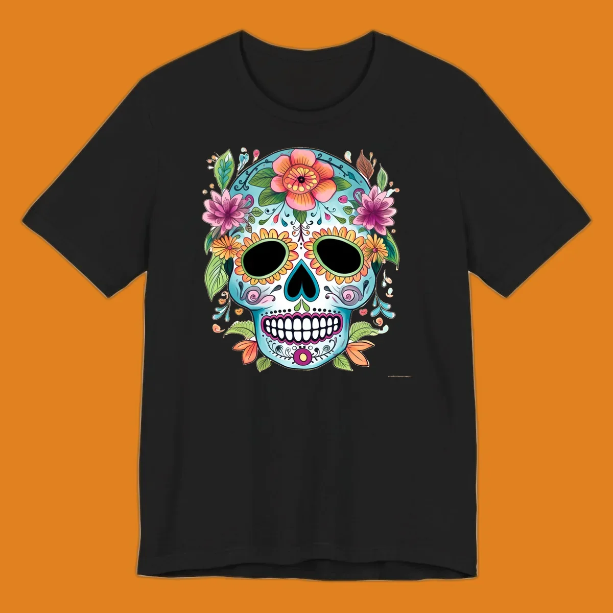 A vibrant floral calavera skull illustration, adorned with colorful flowers and leaves on a teal and white base.