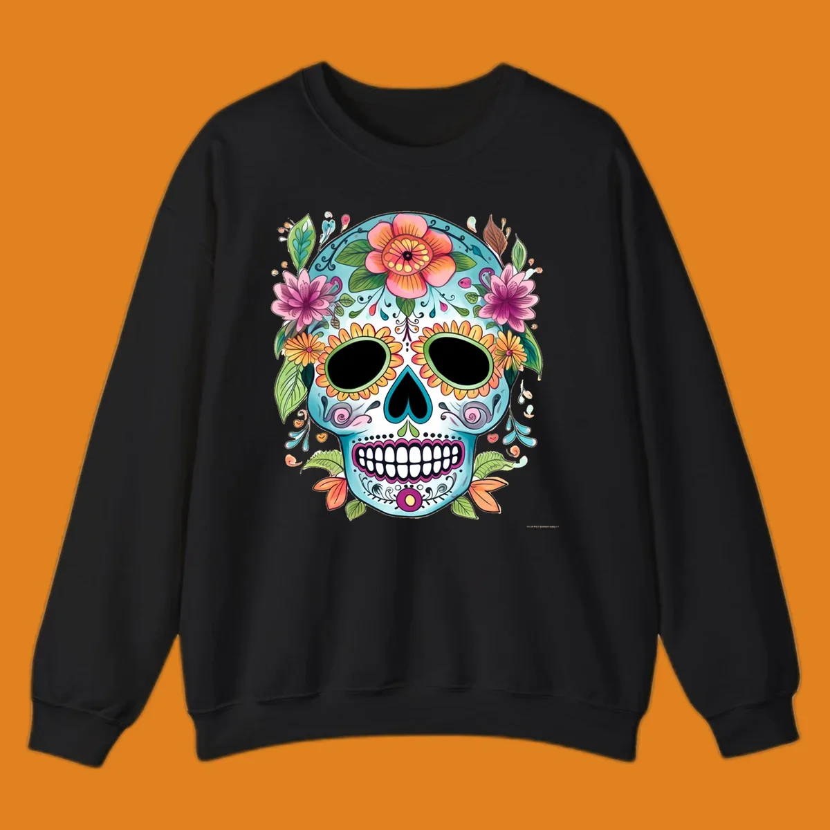 A vibrant floral calavera skull illustration, adorned with colorful flowers and leaves on a teal and white base.