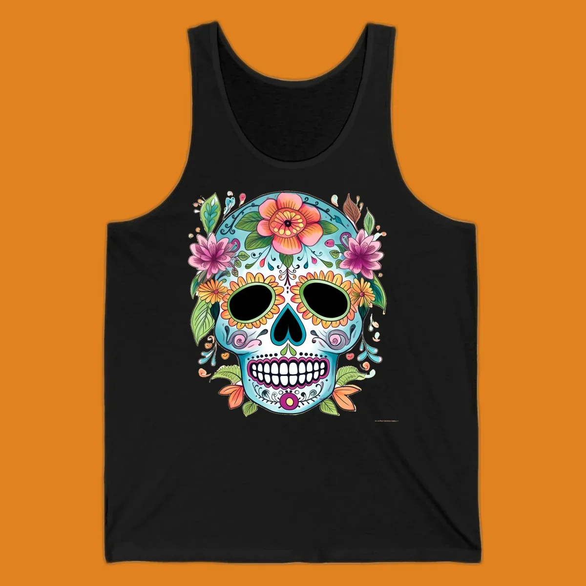A vibrant floral calavera skull illustration, adorned with colorful flowers and leaves on a teal and white base.